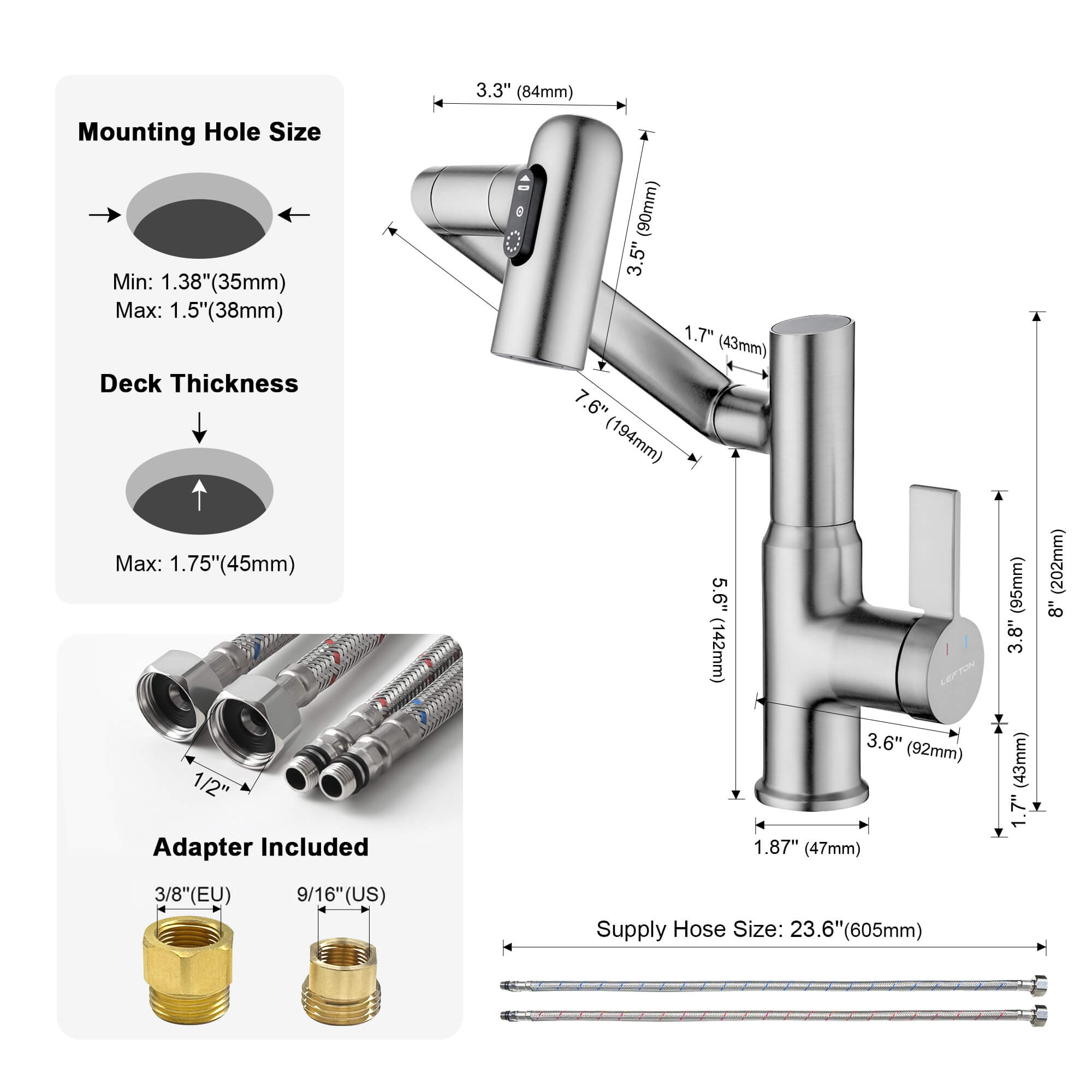Lefton Single - Hole Rotatable Faucet with Temperature Display - BF2204 - Bathroom Faucets - Lefton Home