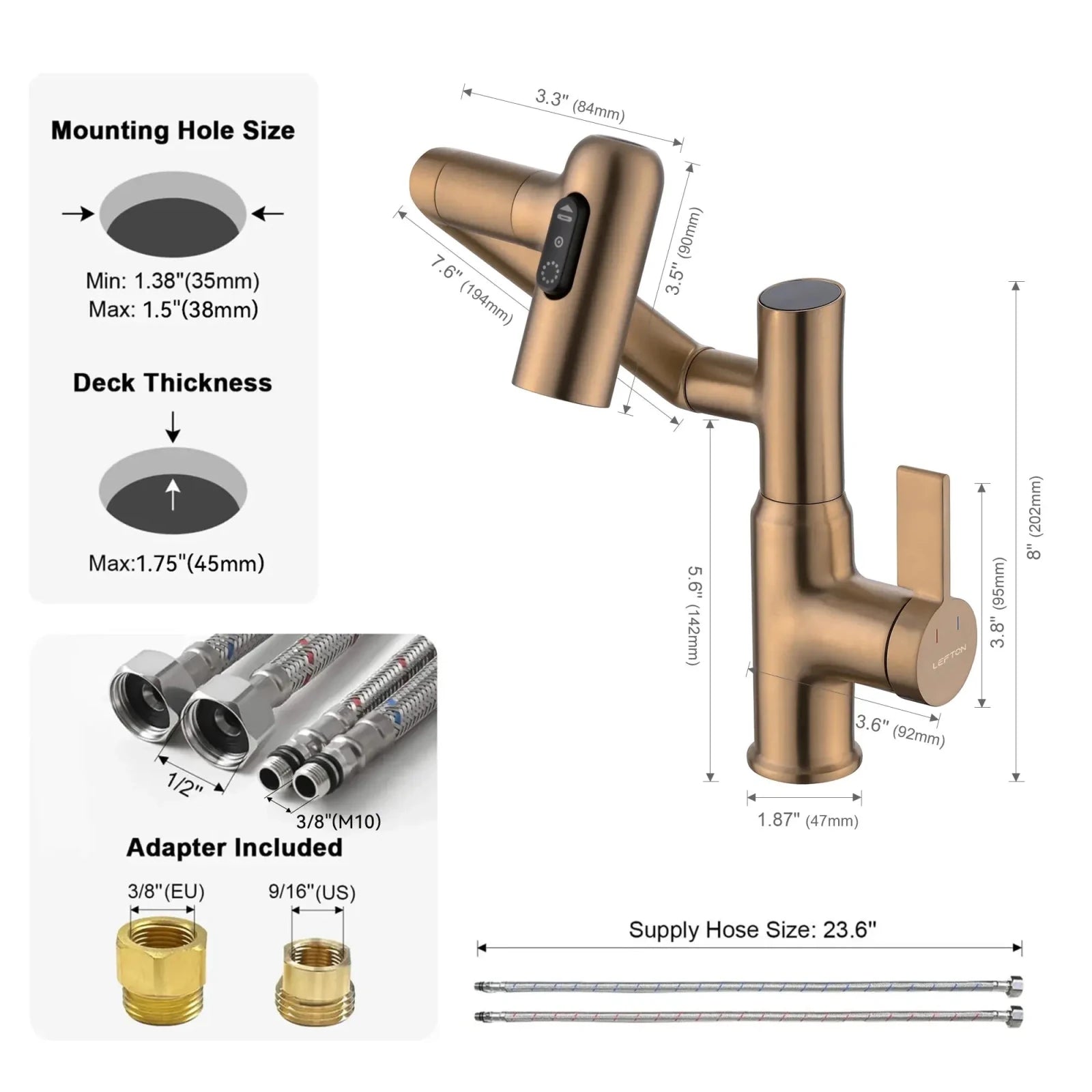 Lefton Single-Hole Rotatable Faucet with Temperature Display-BF2204 with Pop-up Bathroom Sink Drain Stopper Without Overflow-D01 -Bathroom Faucets & Drain Stopper- Lefton Home