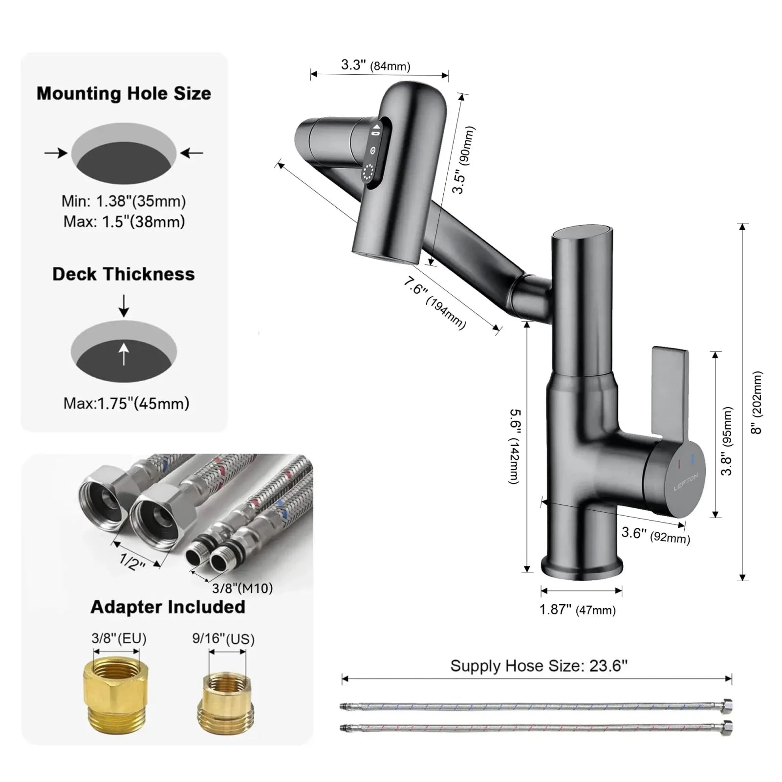 Lefton Single-Hole Rotatable Faucet with Temperature Display-BF2204 with Pop-up Bathroom Sink Drain Stopper Without Overflow-D01 -Bathroom Faucets & Drain Stopper- Lefton Home