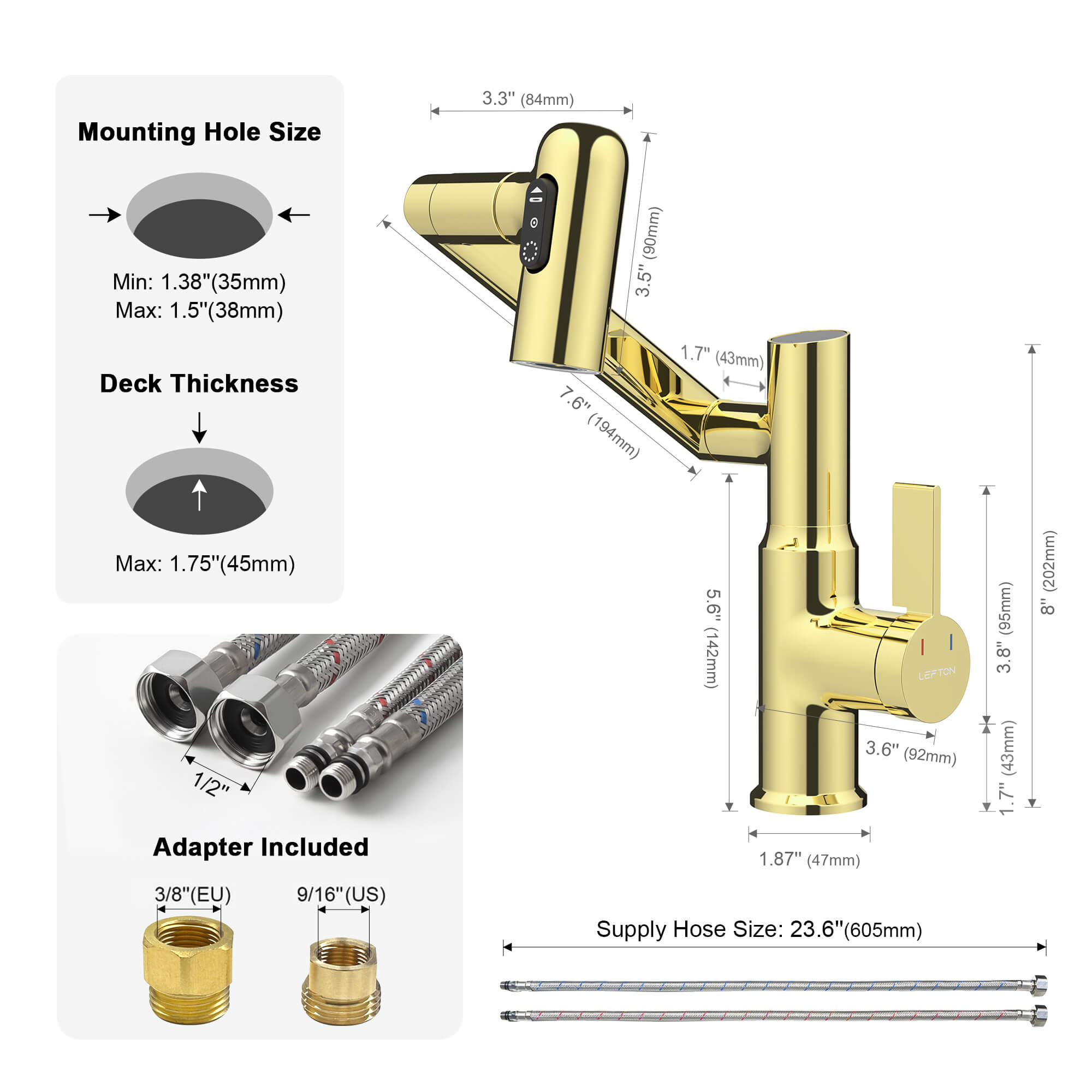 Lefton Single - Hole Rotatable Faucet with Temperature Display - BF2204 - Bathroom Faucets - Lefton Home