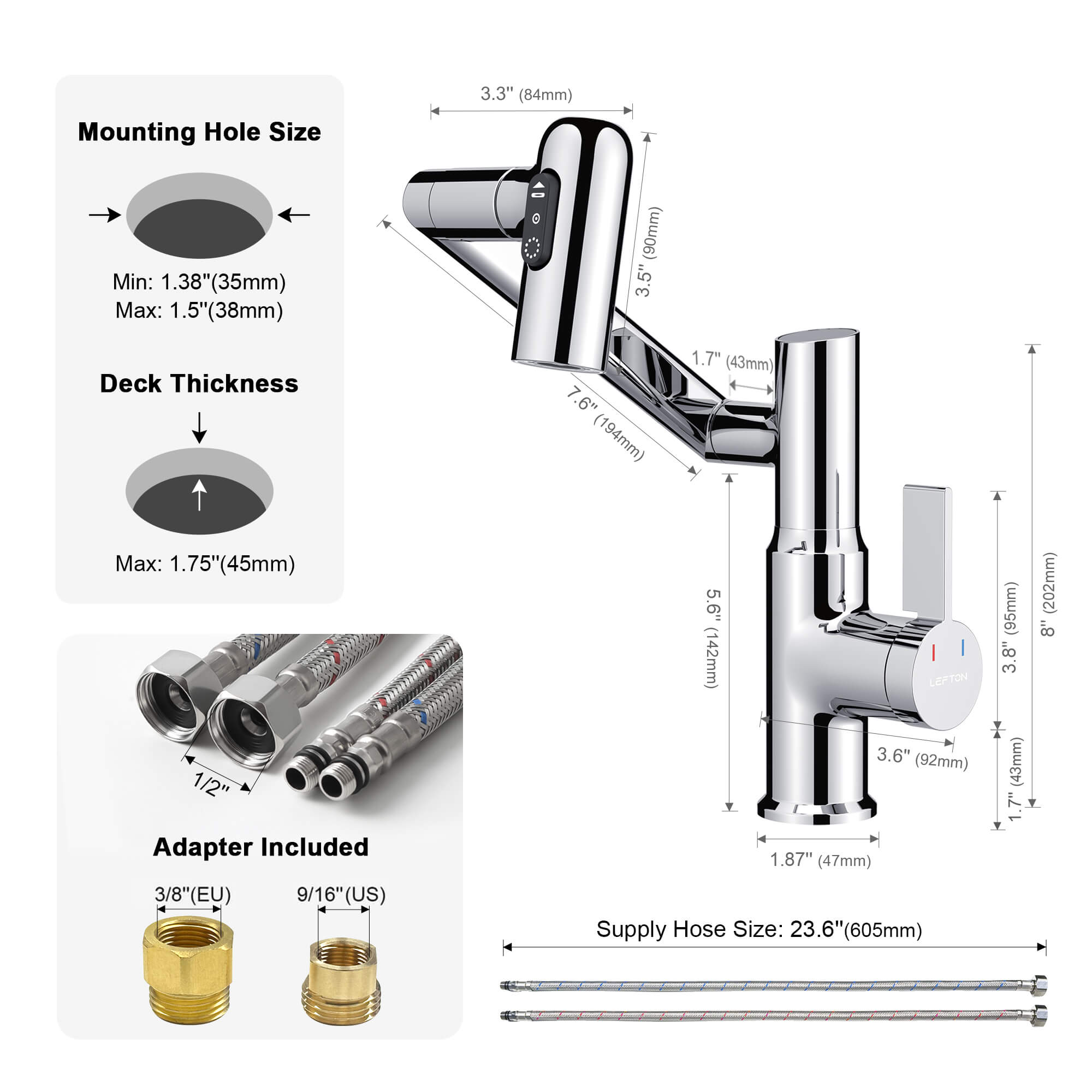 Lefton Single - Hole Rotatable Faucet with Temperature Display - BF2204 - Bathroom Faucets - Lefton Home
