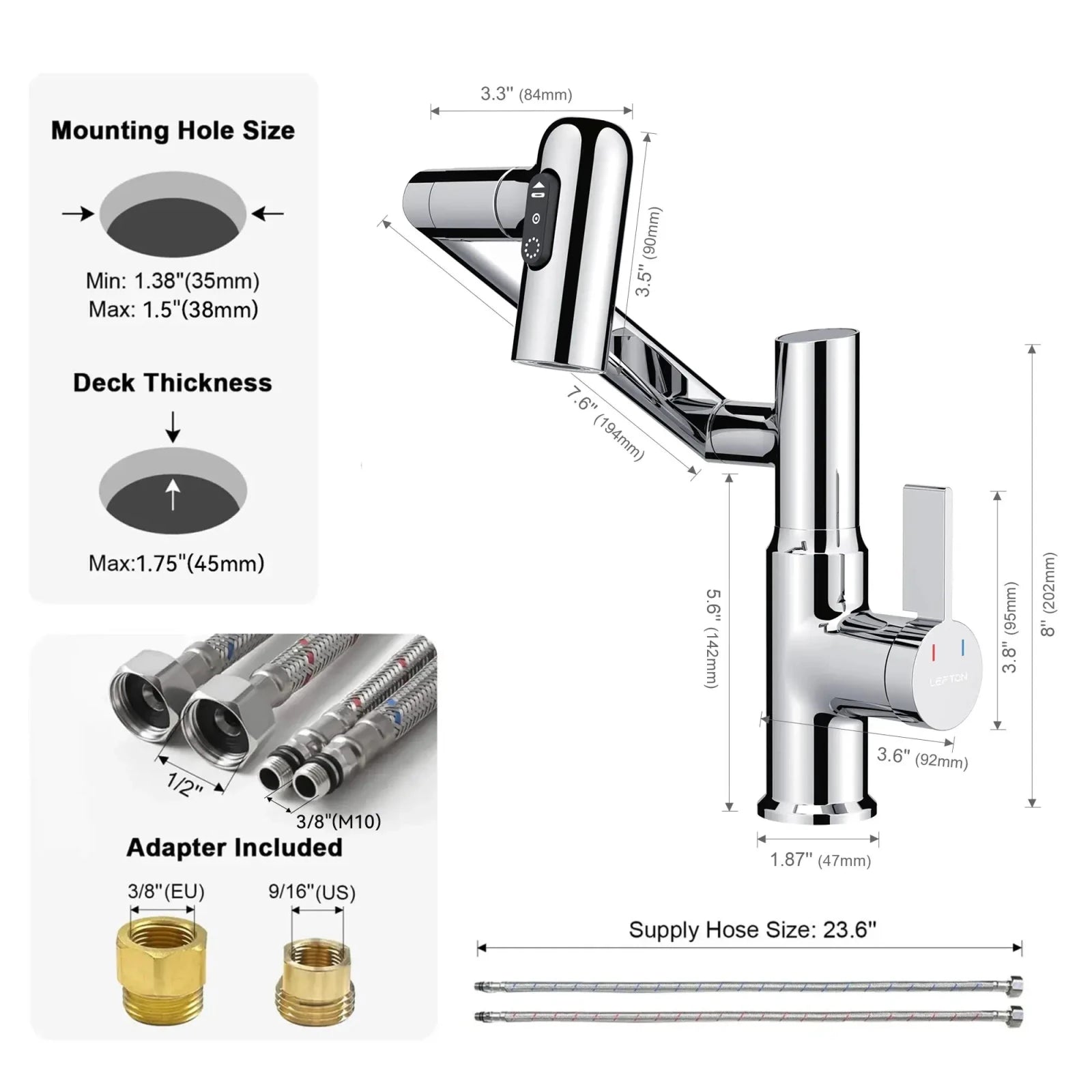 Lefton Single-Hole Rotatable Faucet with Temperature Display-BF2204 with Pop-up Bathroom Sink Drain Stopper Without Overflow-D01 -Bathroom Faucets & Drain Stopper- Lefton Home