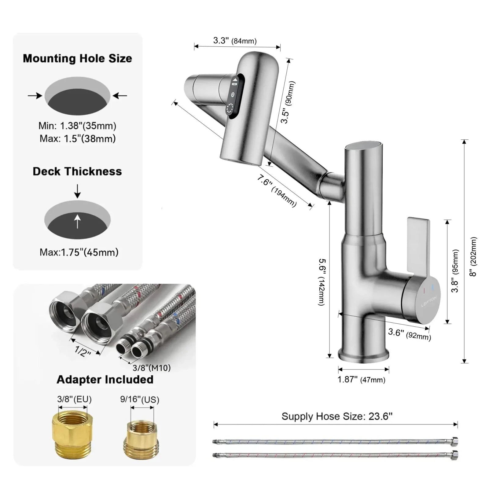 Lefton Single-Hole Rotatable Faucet with Temperature Display-BF2204 with Pop-up Bathroom Sink Drain Stopper Without Overflow-D01 -Bathroom Faucets & Drain Stopper- Lefton Home