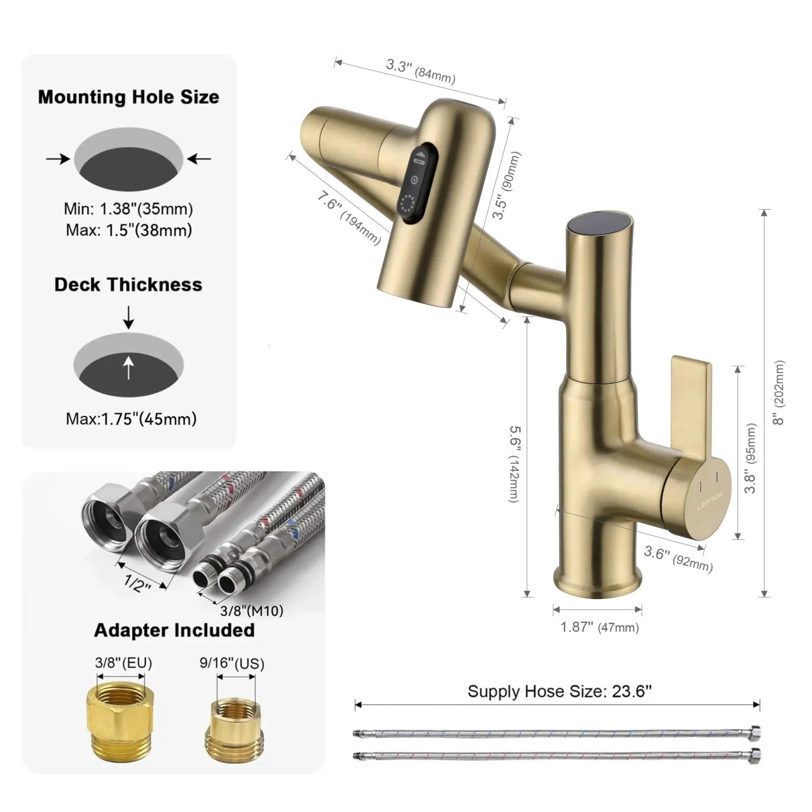 Lefton Single-Hole Rotatable Faucet with Temperature Display-BF2204 with Pop-up Bathroom Sink Drain Stopper Without Overflow-D01 -Bathroom Faucets & Drain Stopper- Lefton Home
