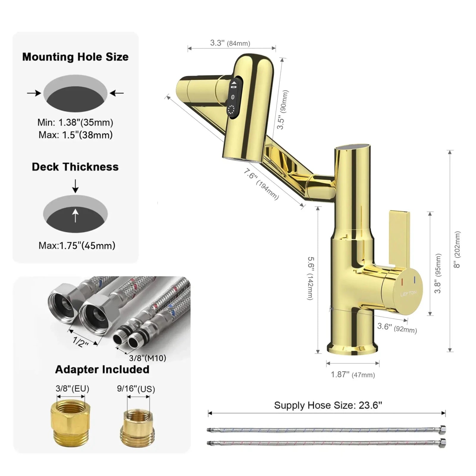 Lefton Single-Hole Rotatable Faucet with Temperature Display-BF2204 with Pop-up Bathroom Sink Drain Stopper Without Overflow-D01 -Bathroom Faucets & Drain Stopper- Lefton Home