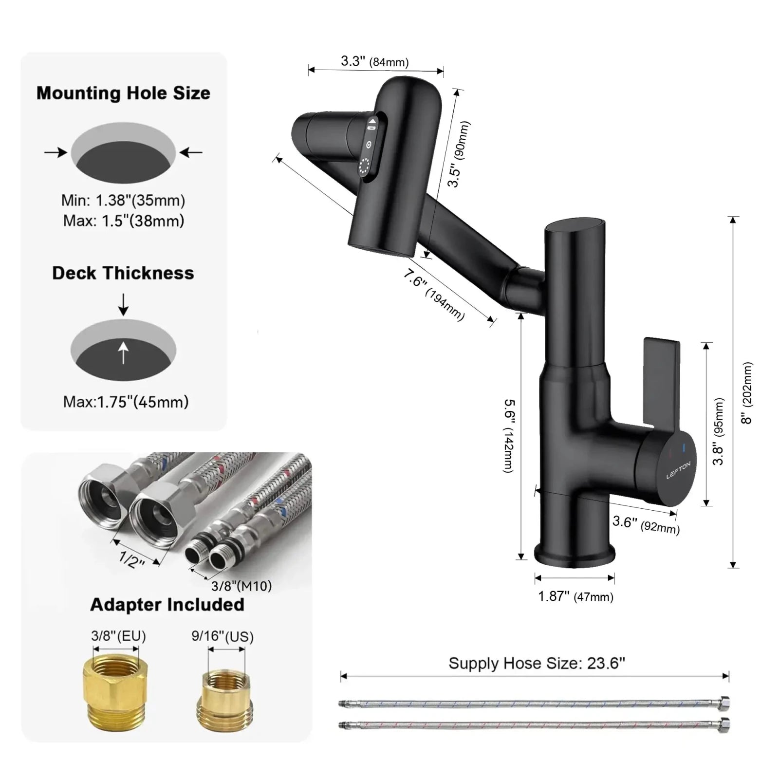 Lefton Single-Hole Rotatable Faucet with Temperature Display-BF2204 with Pop-up Bathroom Sink Drain Stopper Without Overflow-D01 -Bathroom Faucets & Drain Stopper- Lefton Home