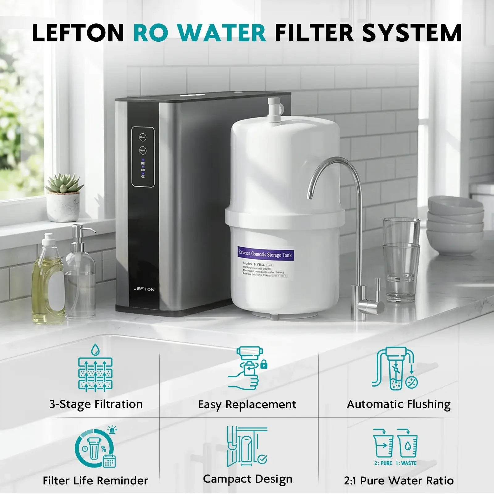 Lefton Smart 3-Stage Undersink Reverse Osmosis Water Filtration System-WF02 -Water Filters- Lefton Home