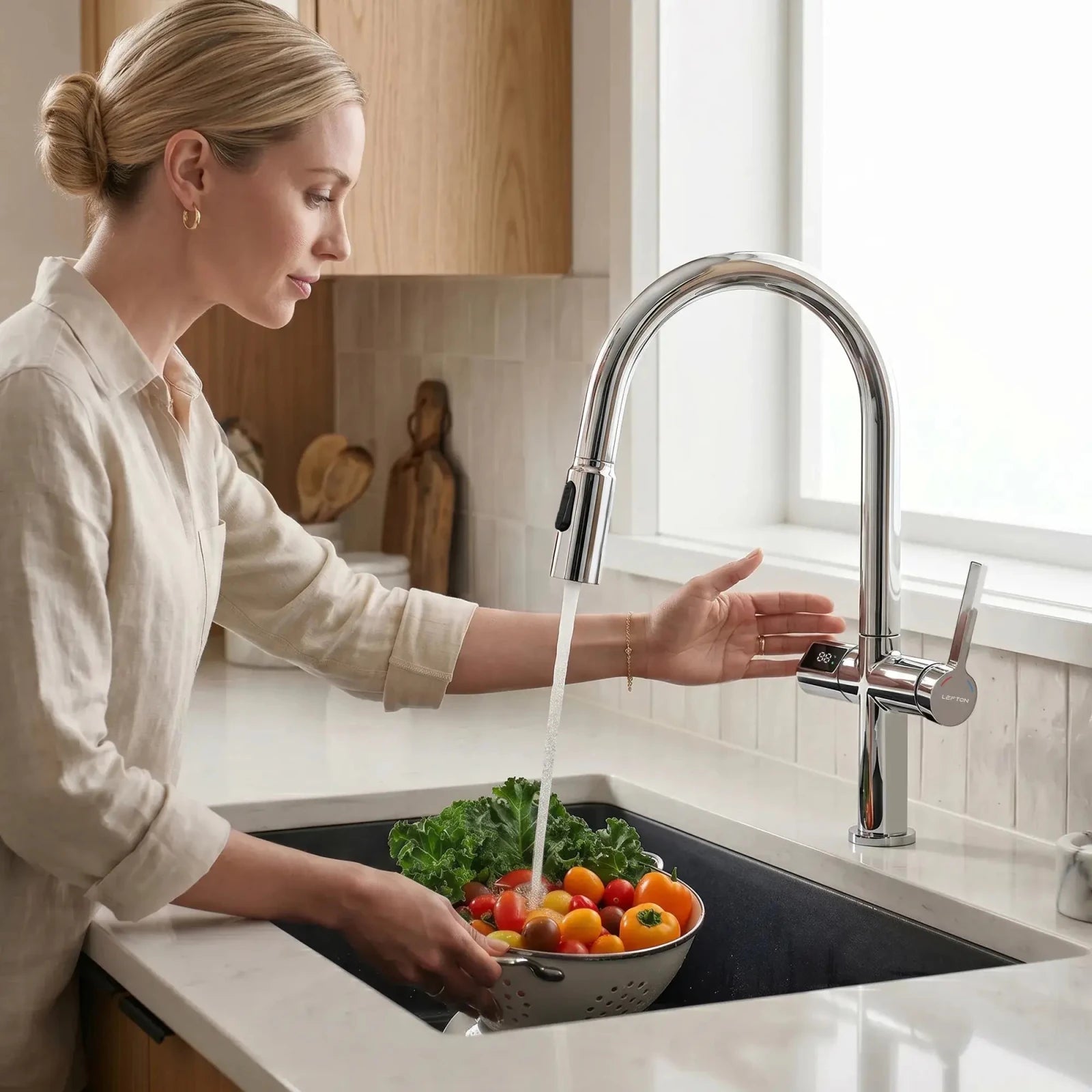 Lefton Touchless Sensor Kitchen Faucet with Temperature Display-KF2206 -Kitchen Faucets- Lefton Home