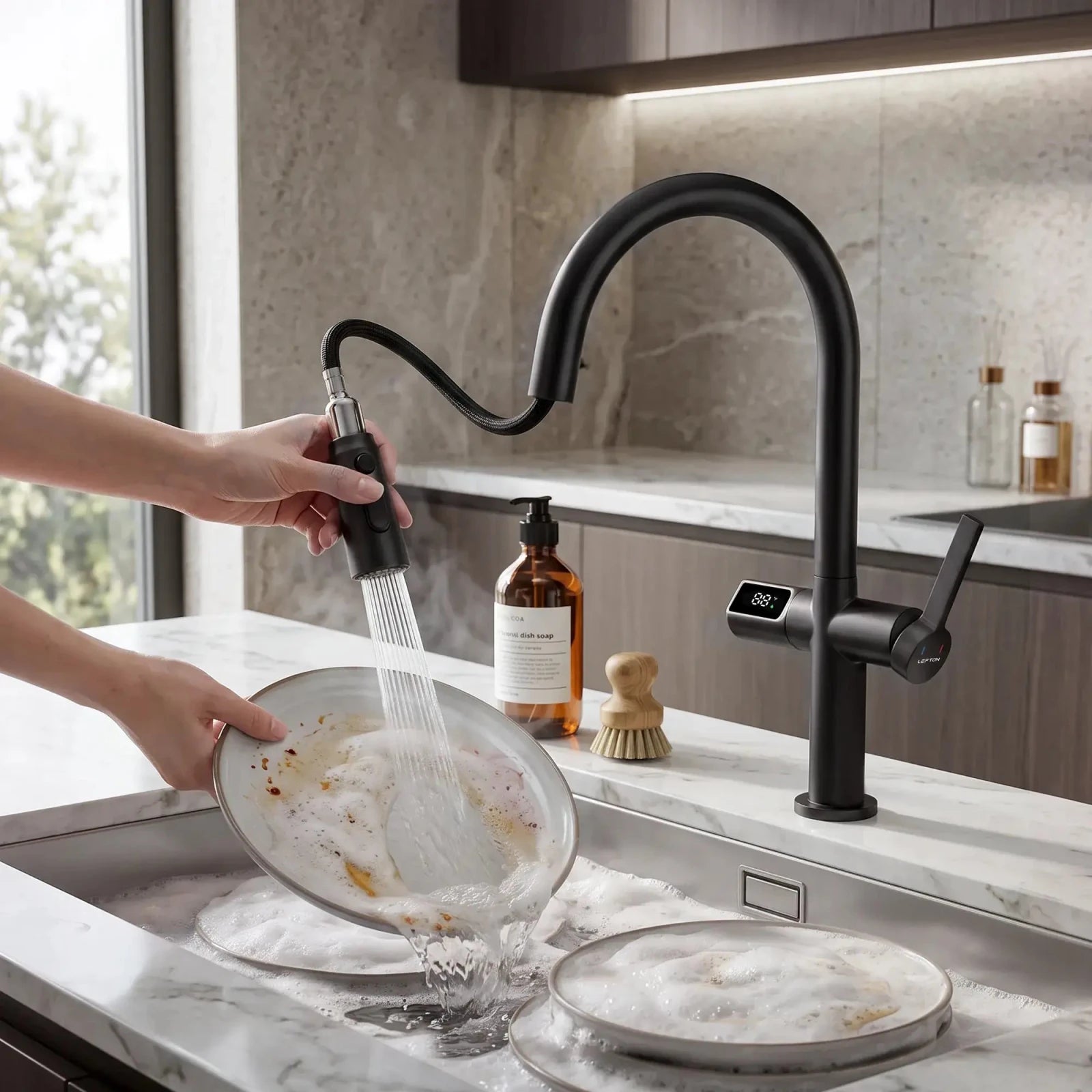 Lefton Touchless Sensor Kitchen Faucet with Temperature Display-KF2206 -Kitchen Faucets- Lefton Home