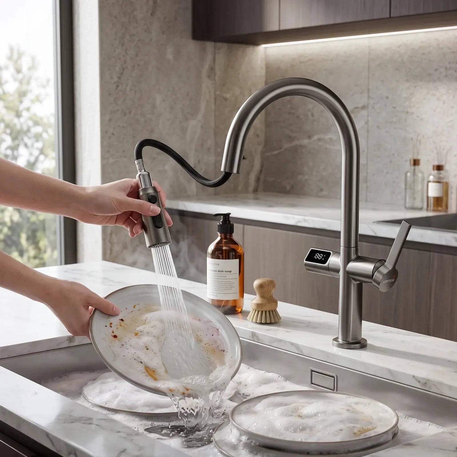 Lefton Touchless Sensor Kitchen Faucet with Temperature Display-KF2206 -Kitchen Faucets- Lefton Home