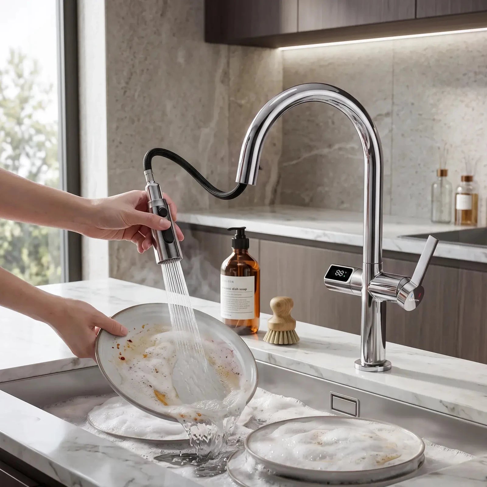 Lefton Touchless Sensor Kitchen Faucet with Temperature Display-KF2206 -Kitchen Faucets- Lefton Home