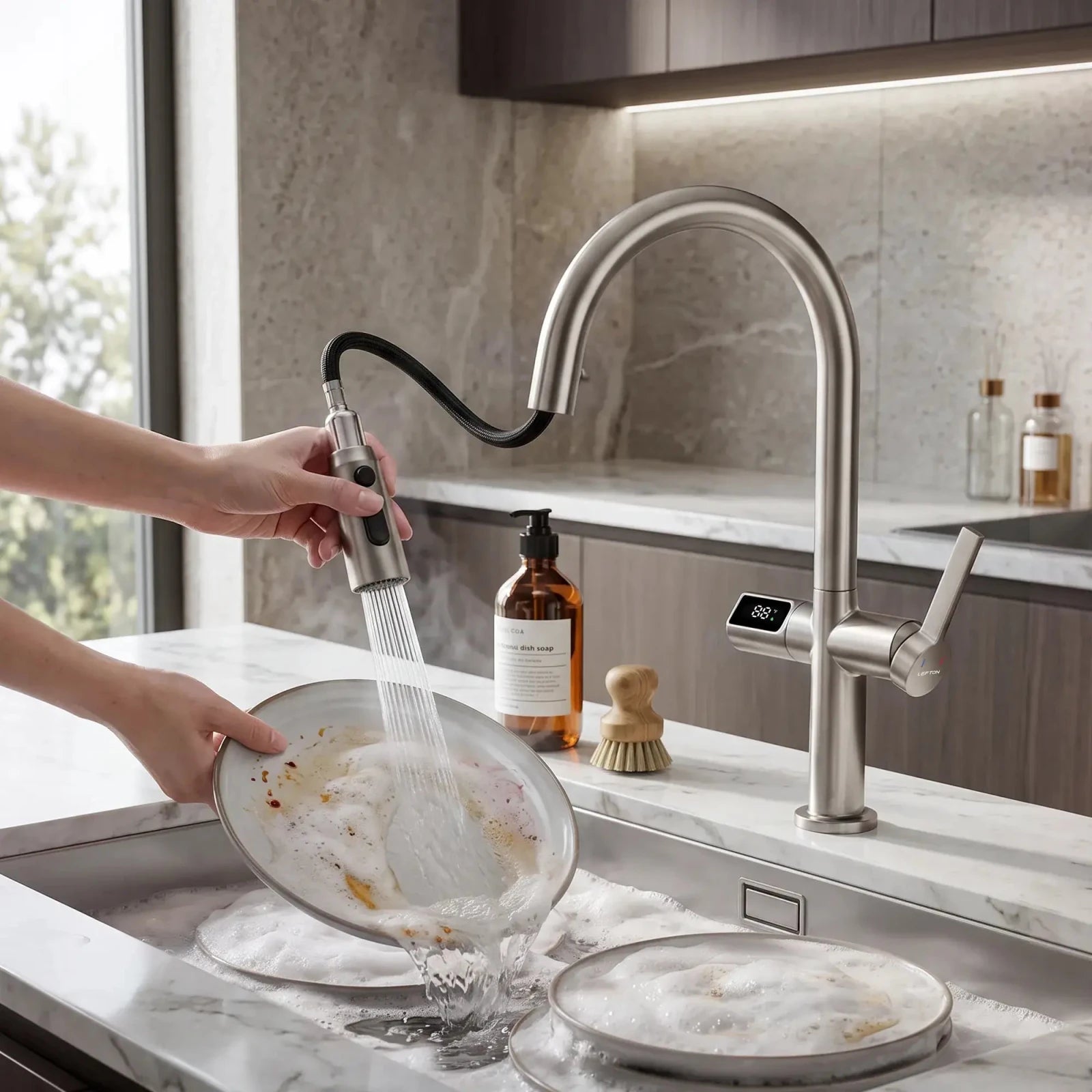 Lefton Touchless Sensor Kitchen Faucet with Temperature Display-KF2206 -Kitchen Faucets- Lefton Home