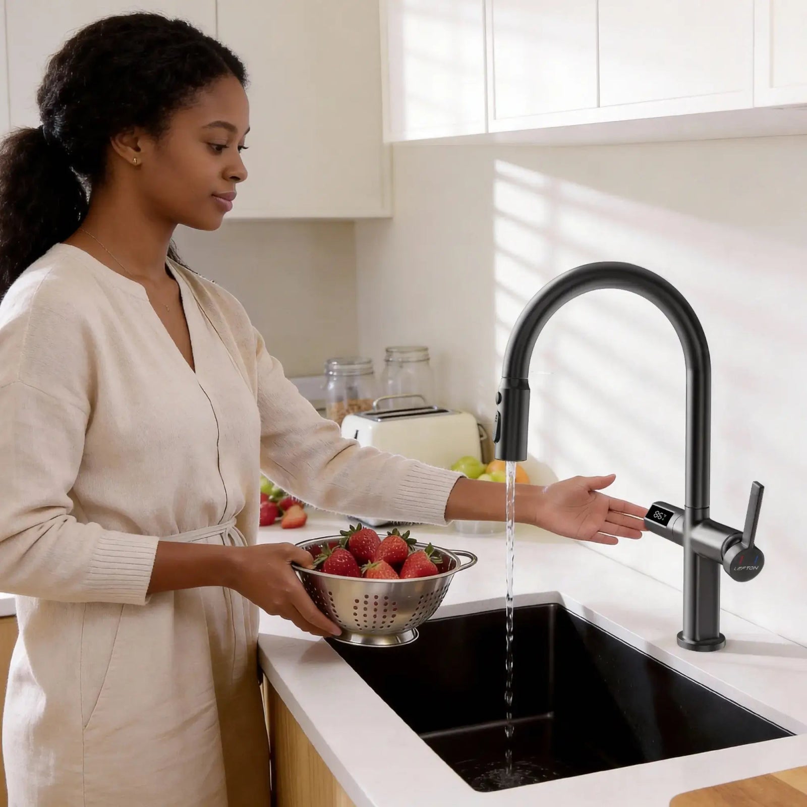 Lefton Touchless Sensor & Pull - Down Kitchen Faucet with Temperature Display - KF2206 - Kitchen Faucets - Lefton Home