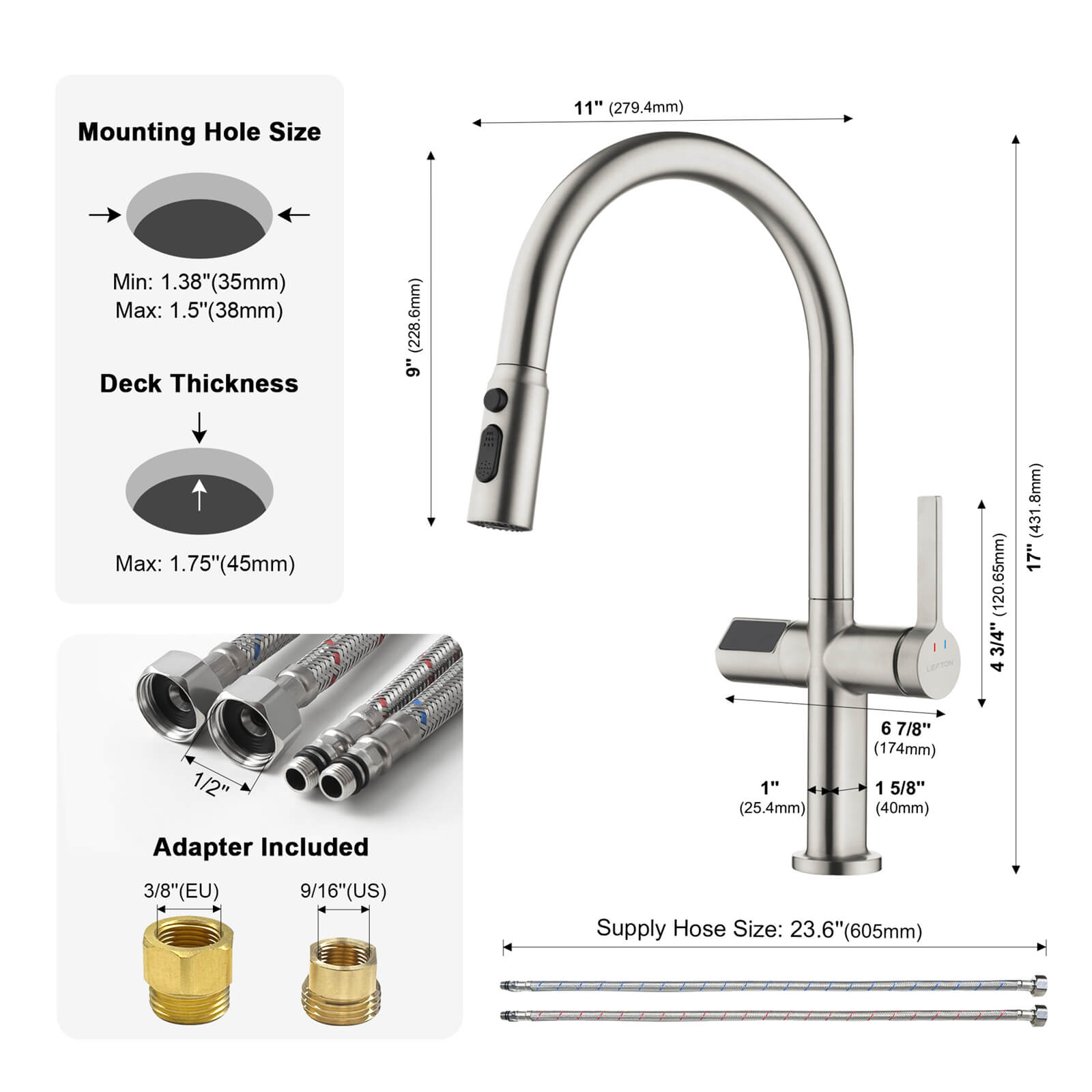 Lefton Touchless Sensor & Pull - Down Kitchen Faucet with Temperature Display - KF2206 - Kitchen Faucets - Lefton Home