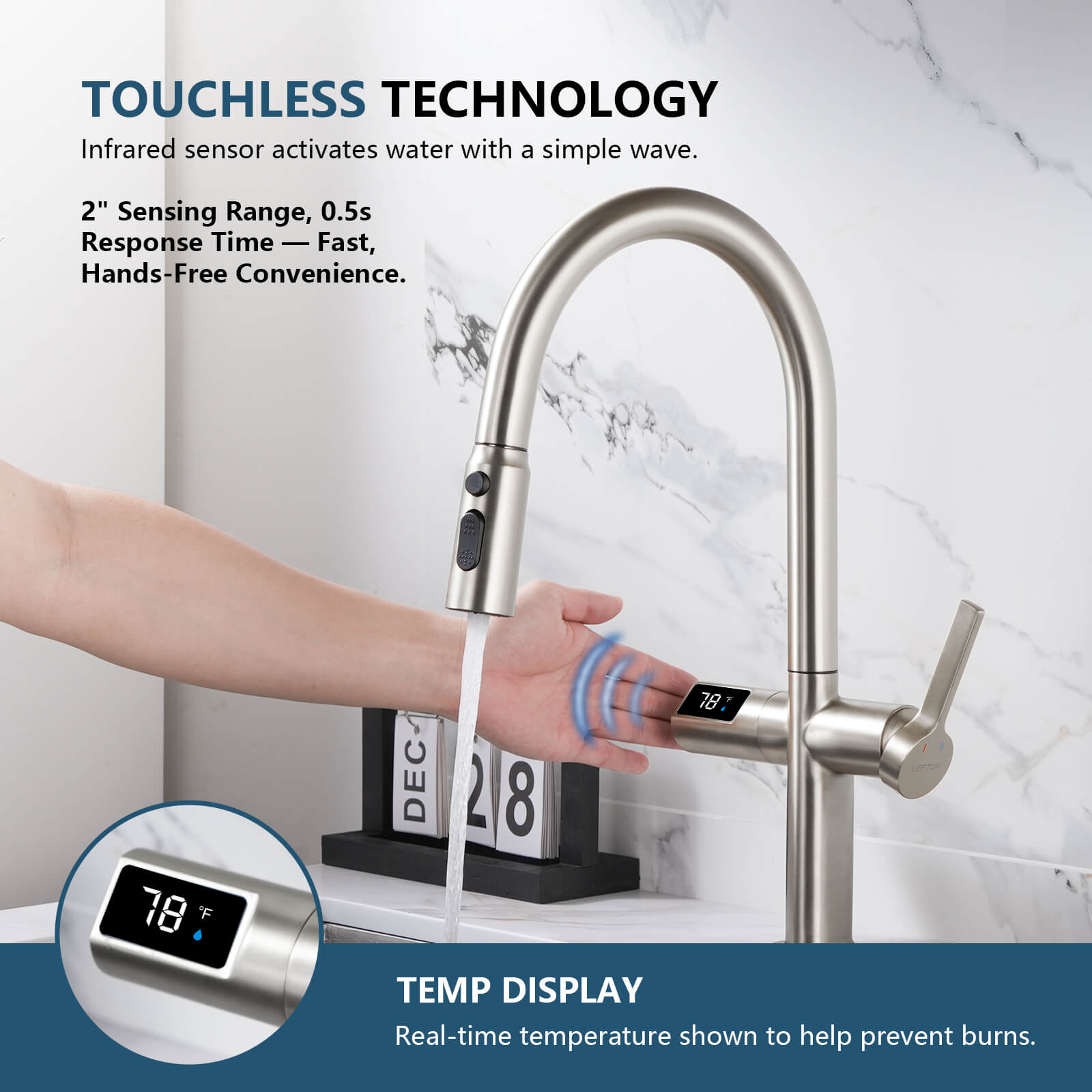 Lefton Touchless Sensor & Pull - Down Kitchen Faucet with Temperature Display - KF2206 - Kitchen Faucets - Lefton Home