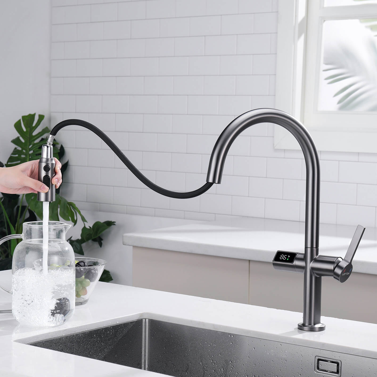 Lefton Touchless Sensor & Pull - Down Kitchen Faucet with Temperature Display - KF2206 - Kitchen Faucets - Lefton Home