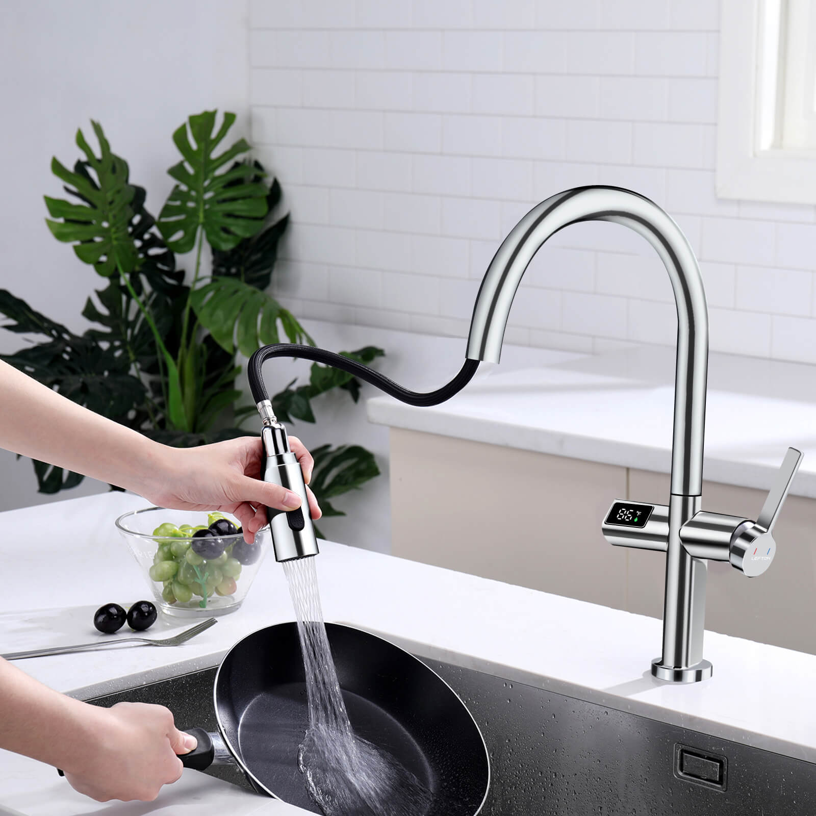 Lefton Touchless Sensor & Pull - Down Kitchen Faucet with Temperature Display - KF2206 - Kitchen Faucets - Lefton Home