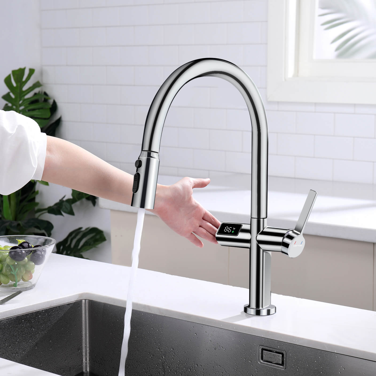 Lefton Touchless Sensor & Pull - Down Kitchen Faucet with Temperature Display - KF2206 - Kitchen Faucets - Lefton Home