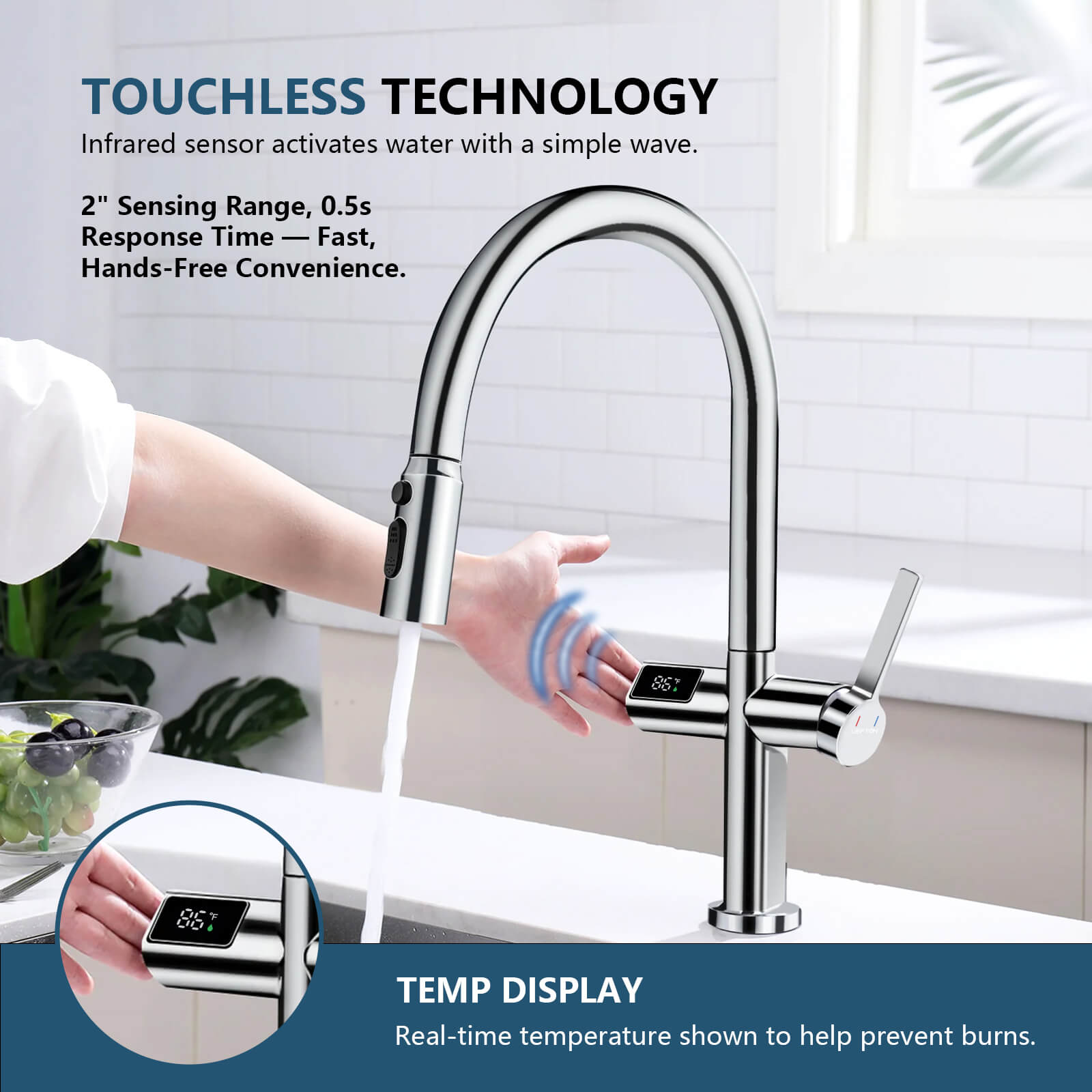 Lefton Touchless Sensor & Pull - Down Kitchen Faucet with Temperature Display - KF2206 - Kitchen Faucets - Lefton Home