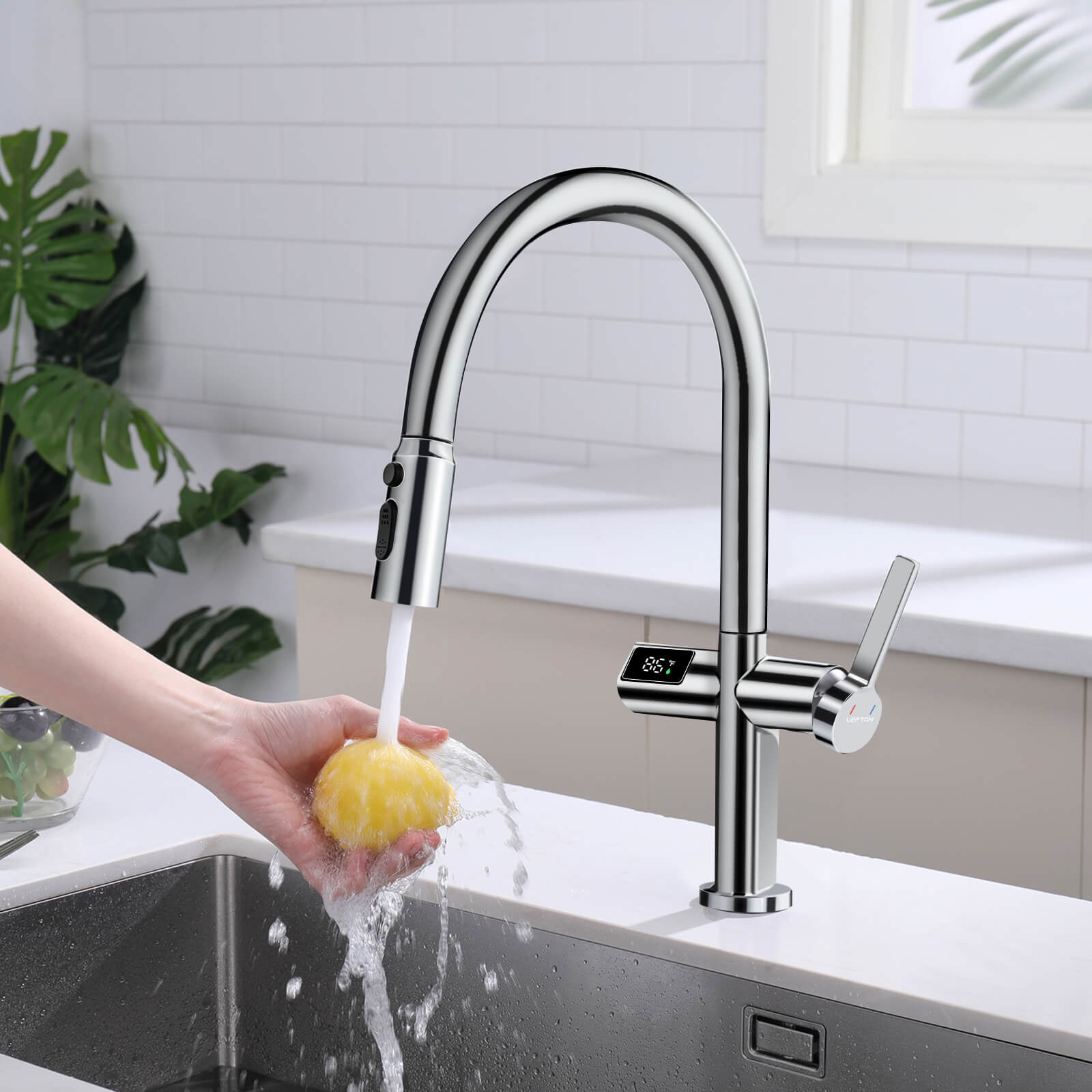 Lefton Touchless Sensor & Pull - Down Kitchen Faucet with Temperature Display - KF2206 - Kitchen Faucets - Lefton Home