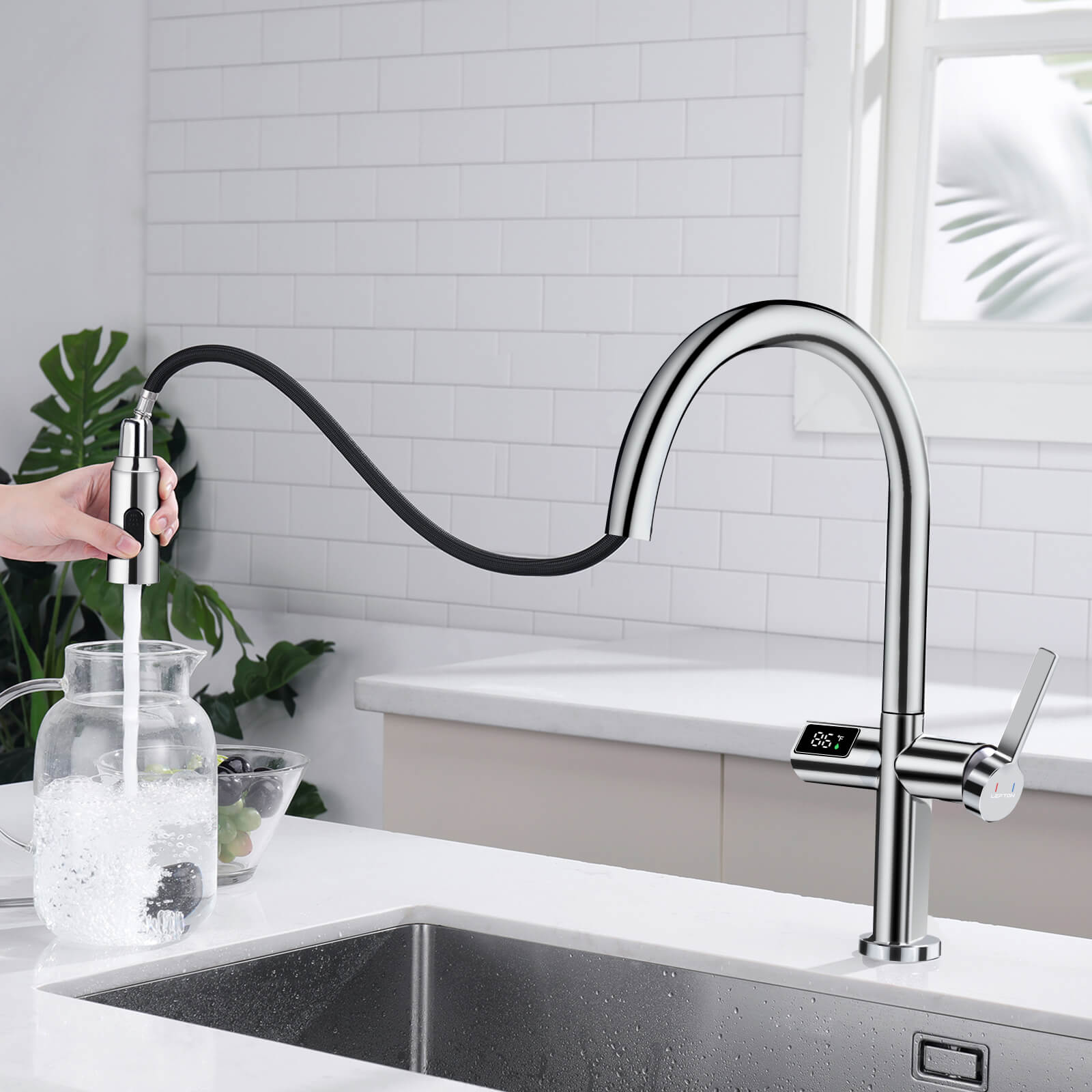 Lefton Touchless Sensor & Pull - Down Kitchen Faucet with Temperature Display - KF2206 - Kitchen Faucets - Lefton Home