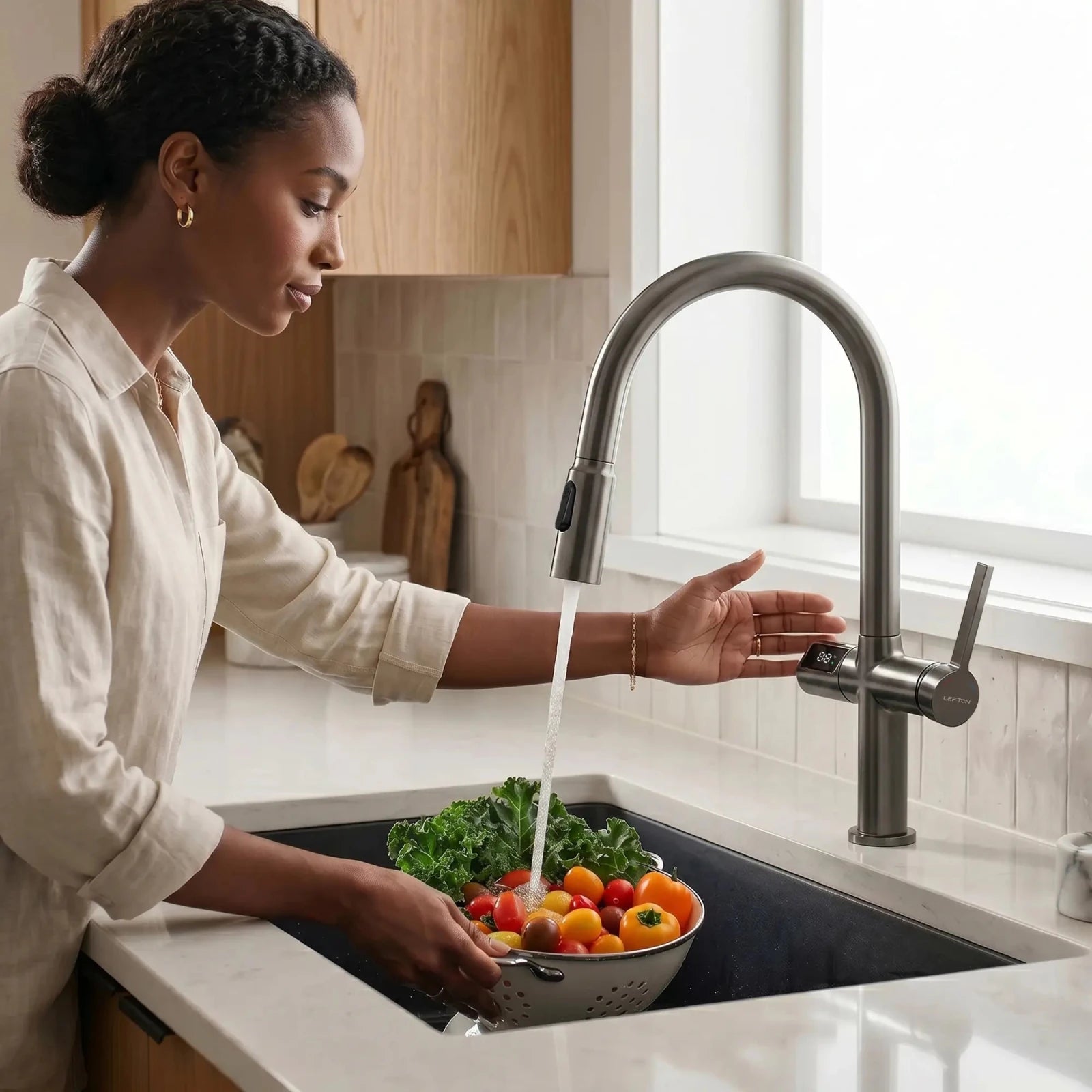 Lefton Touchless Sensor & Pull - Down Kitchen Faucet with Temperature Display - KF2206 - Kitchen Faucets - Lefton Home