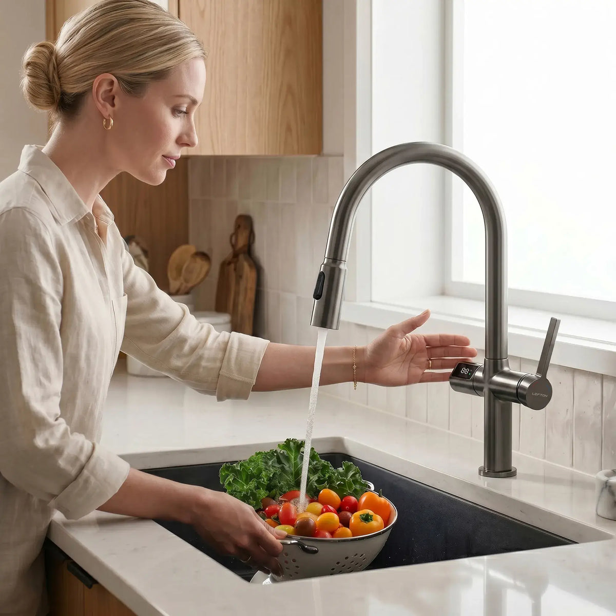 Lefton Touchless Sensor & Pull - Down Kitchen Faucet with Temperature Display - KF2206 - Kitchen Faucets - Lefton Home