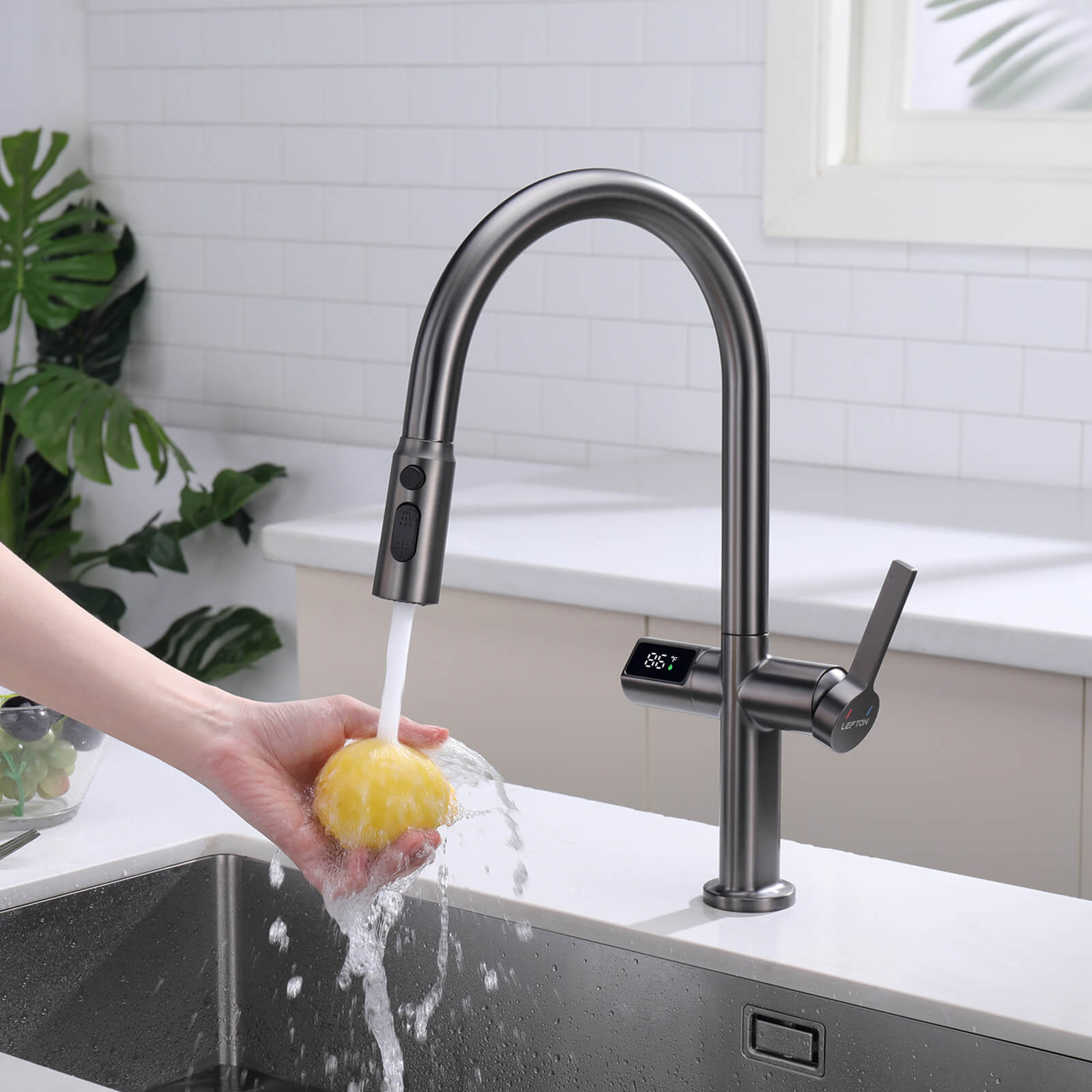 Lefton Touchless Sensor & Pull - Down Kitchen Faucet with Temperature Display - KF2206 - Kitchen Faucets - Lefton Home