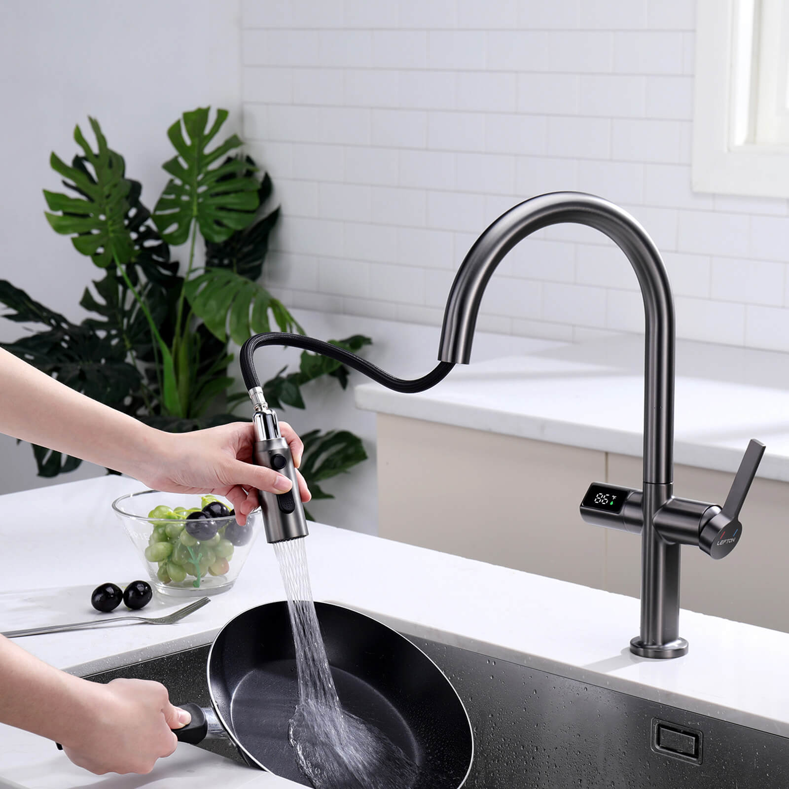 Lefton Touchless Sensor & Pull - Down Kitchen Faucet with Temperature Display - KF2206 - Kitchen Faucets - Lefton Home