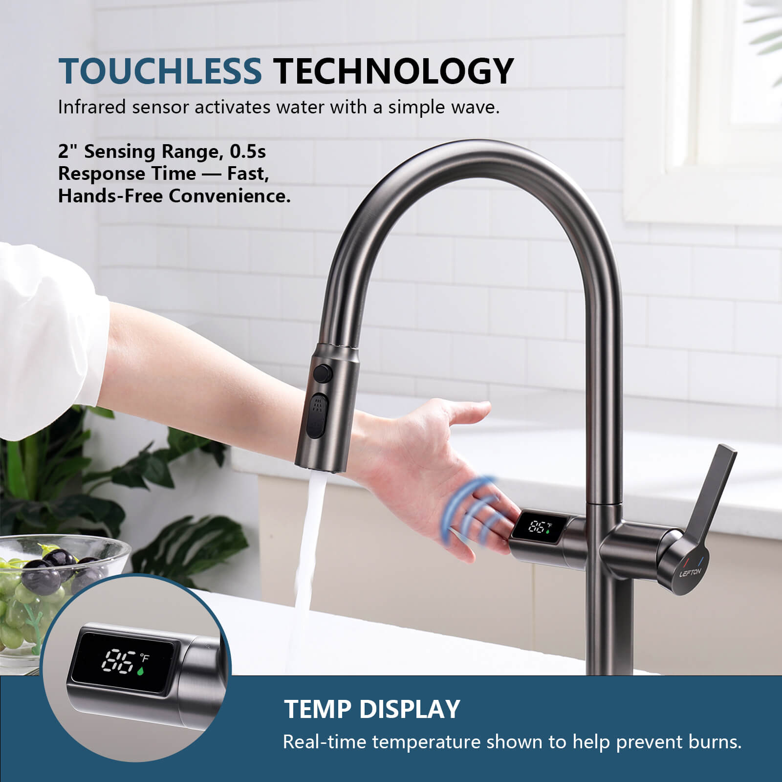 Lefton Touchless Sensor & Pull - Down Kitchen Faucet with Temperature Display - KF2206 - Kitchen Faucets - Lefton Home