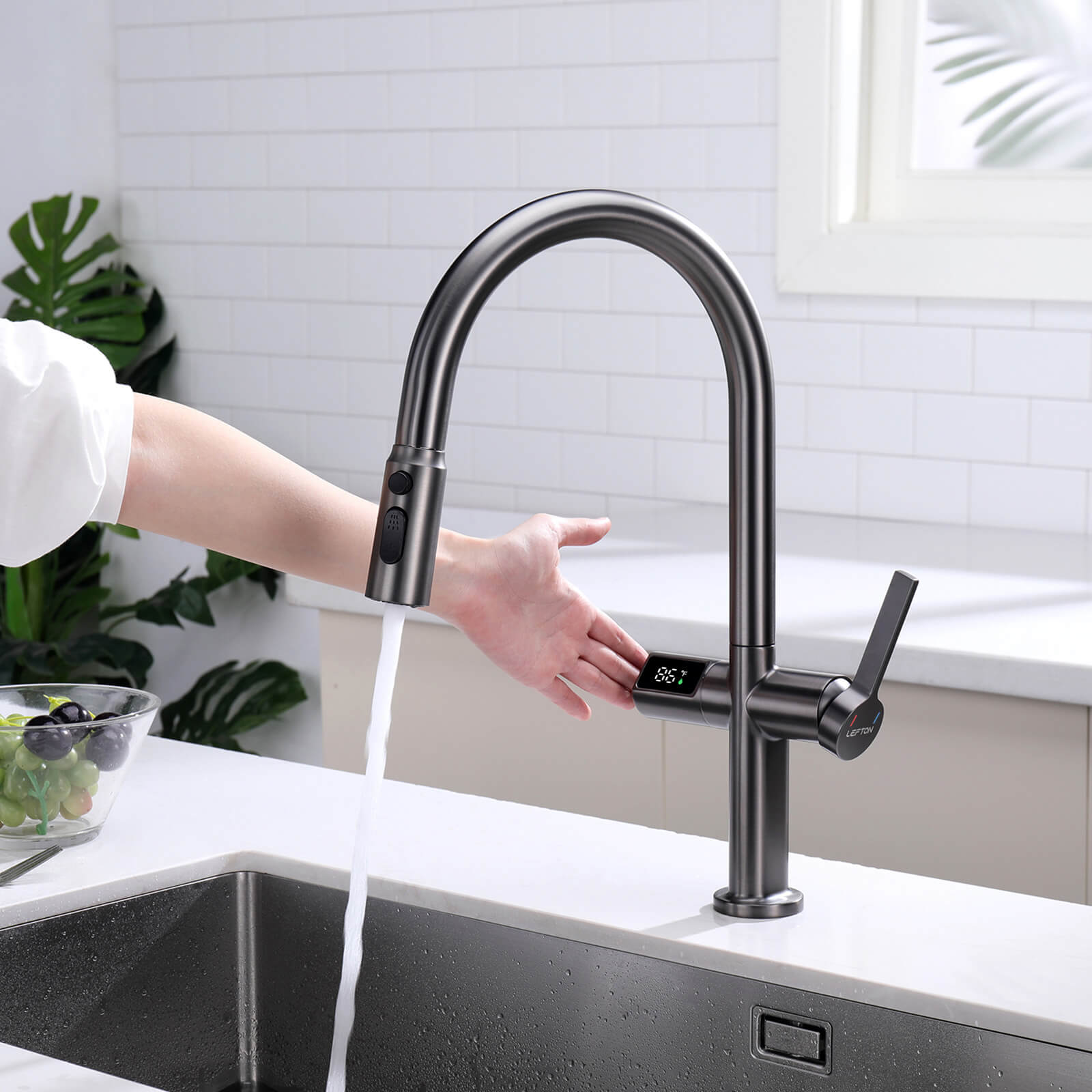 Lefton Touchless Sensor & Pull - Down Kitchen Faucet with Temperature Display - KF2206 - Kitchen Faucets - Lefton Home
