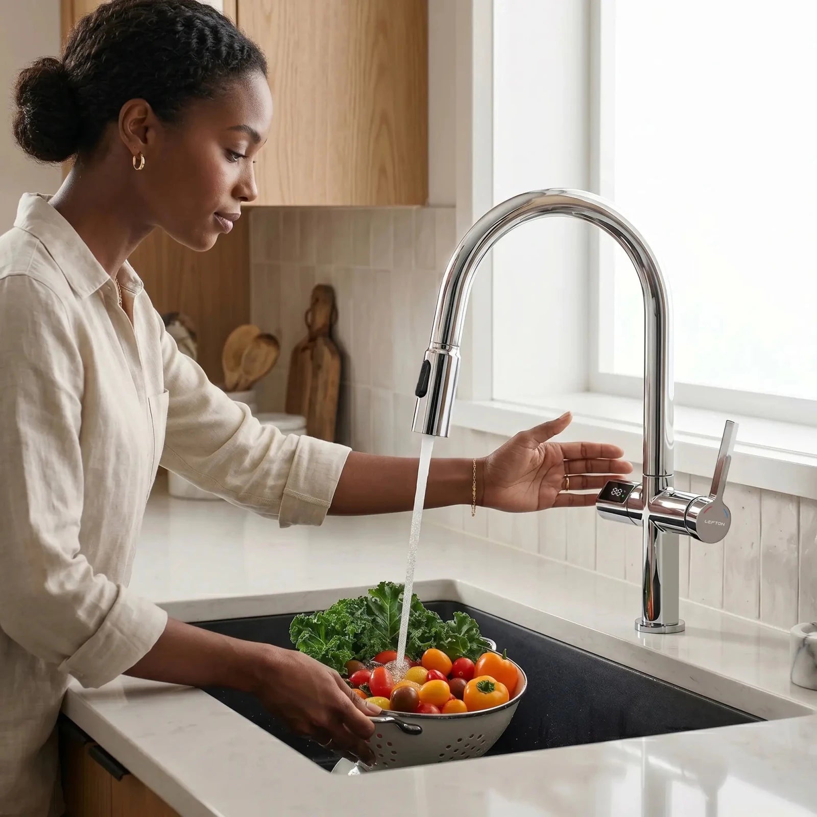 Lefton Touchless Sensor & Pull - Down Kitchen Faucet with Temperature Display - KF2206 - Kitchen Faucets - Lefton Home