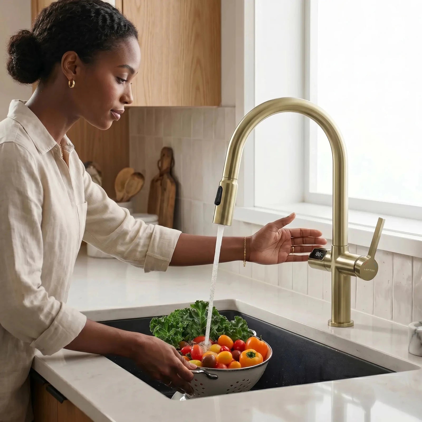 Lefton Touchless Sensor & Pull - Down Kitchen Faucet with Temperature Display - KF2206 - Kitchen Faucets - Lefton Home