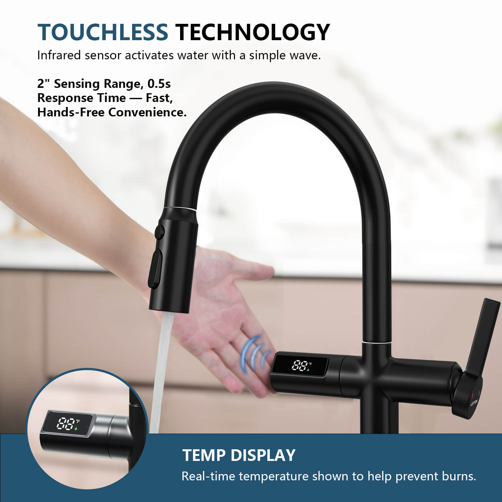 Lefton Touchless Sensor & Pull - Down Kitchen Faucet with Temperature Display - KF2206 - Kitchen Faucets - Lefton Home