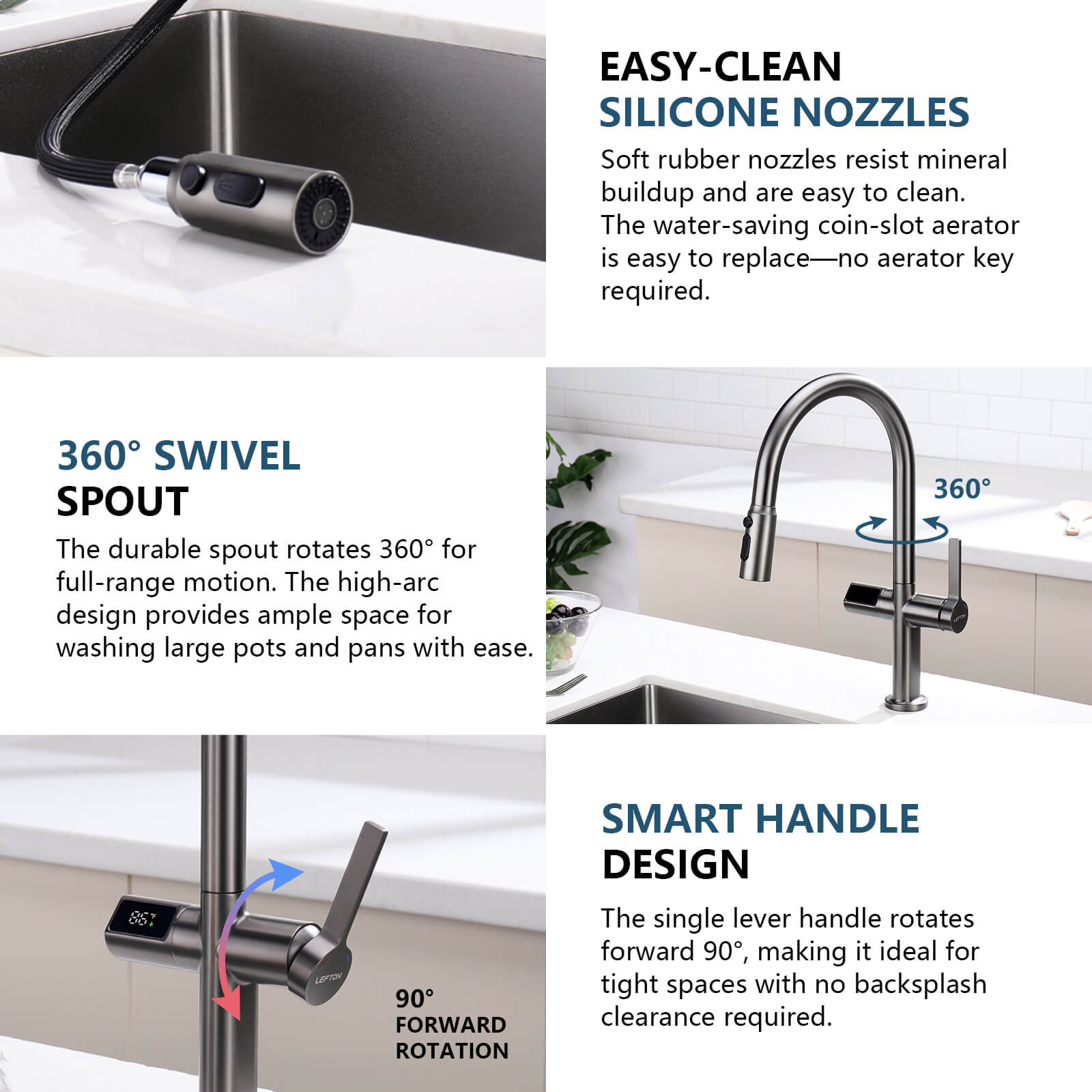Lefton Touchless Sensor & Pull - Down Kitchen Faucet with Temperature Display - KF2206 - Kitchen Faucets - Lefton Home