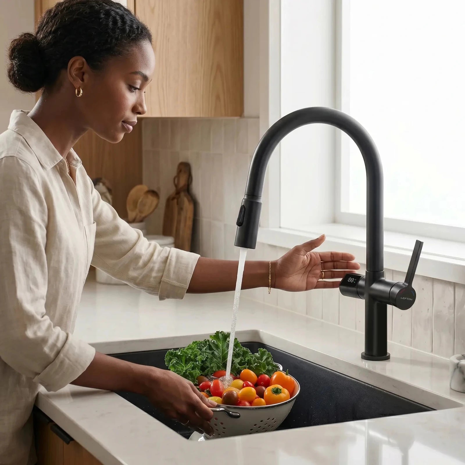 Lefton Touchless Sensor & Pull - Down Kitchen Faucet with Temperature Display - KF2206 - Kitchen Faucets - Lefton Home