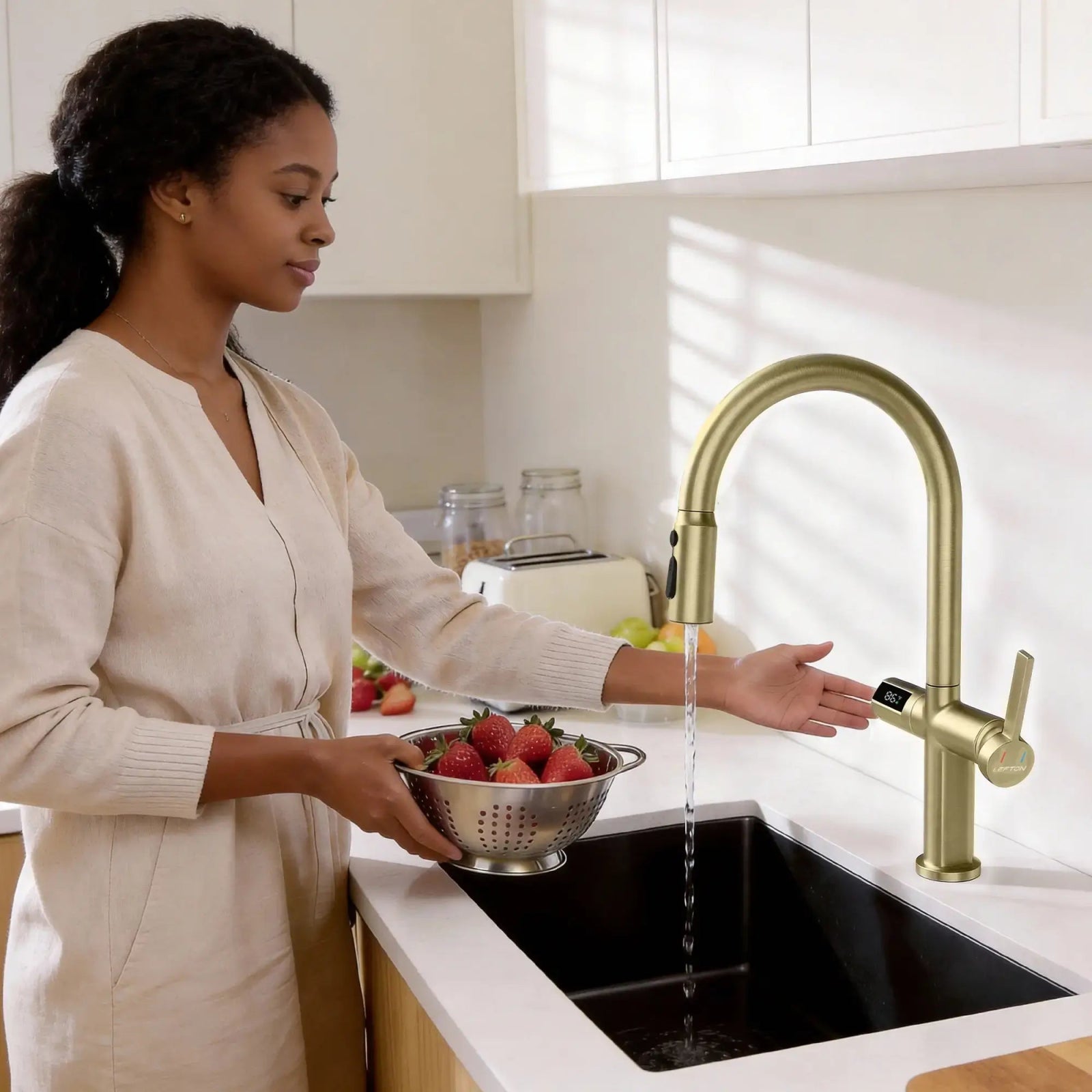 Lefton Touchless Sensor & Pull - Down Kitchen Faucet with Temperature Display - KF2206 - Kitchen Faucets - Lefton Home
