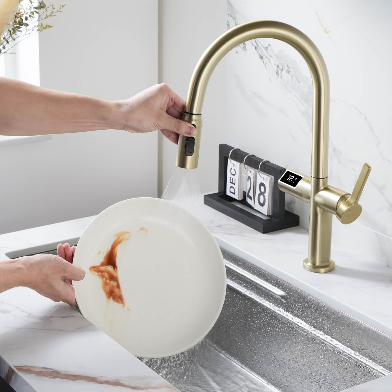 Lefton Touchless Sensor & Pull - Down Kitchen Faucet with Temperature Display - KF2206 - Kitchen Faucets - Lefton Home