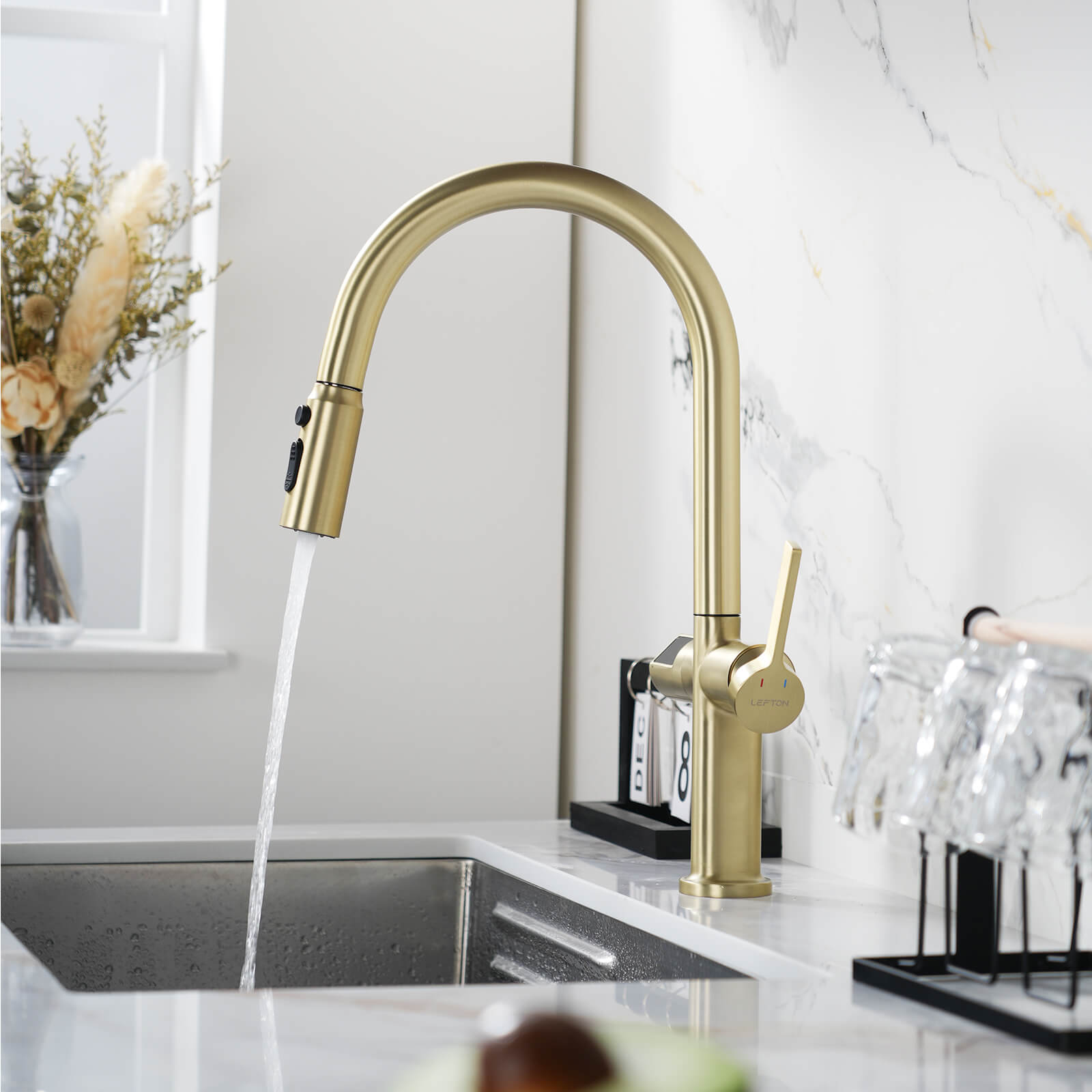 Lefton Touchless Sensor & Pull - Down Kitchen Faucet with Temperature Display - KF2206 - Kitchen Faucets - Lefton Home