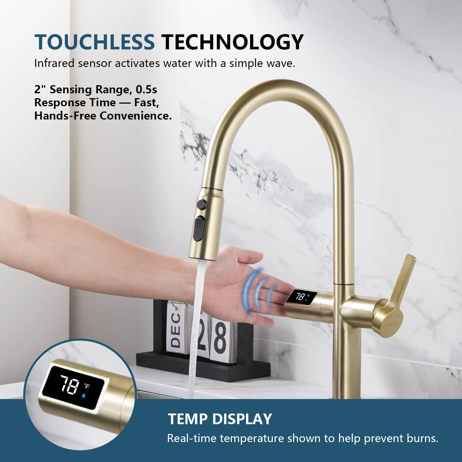 Lefton Touchless Sensor & Pull - Down Kitchen Faucet with Temperature Display - KF2206 - Kitchen Faucets - Lefton Home