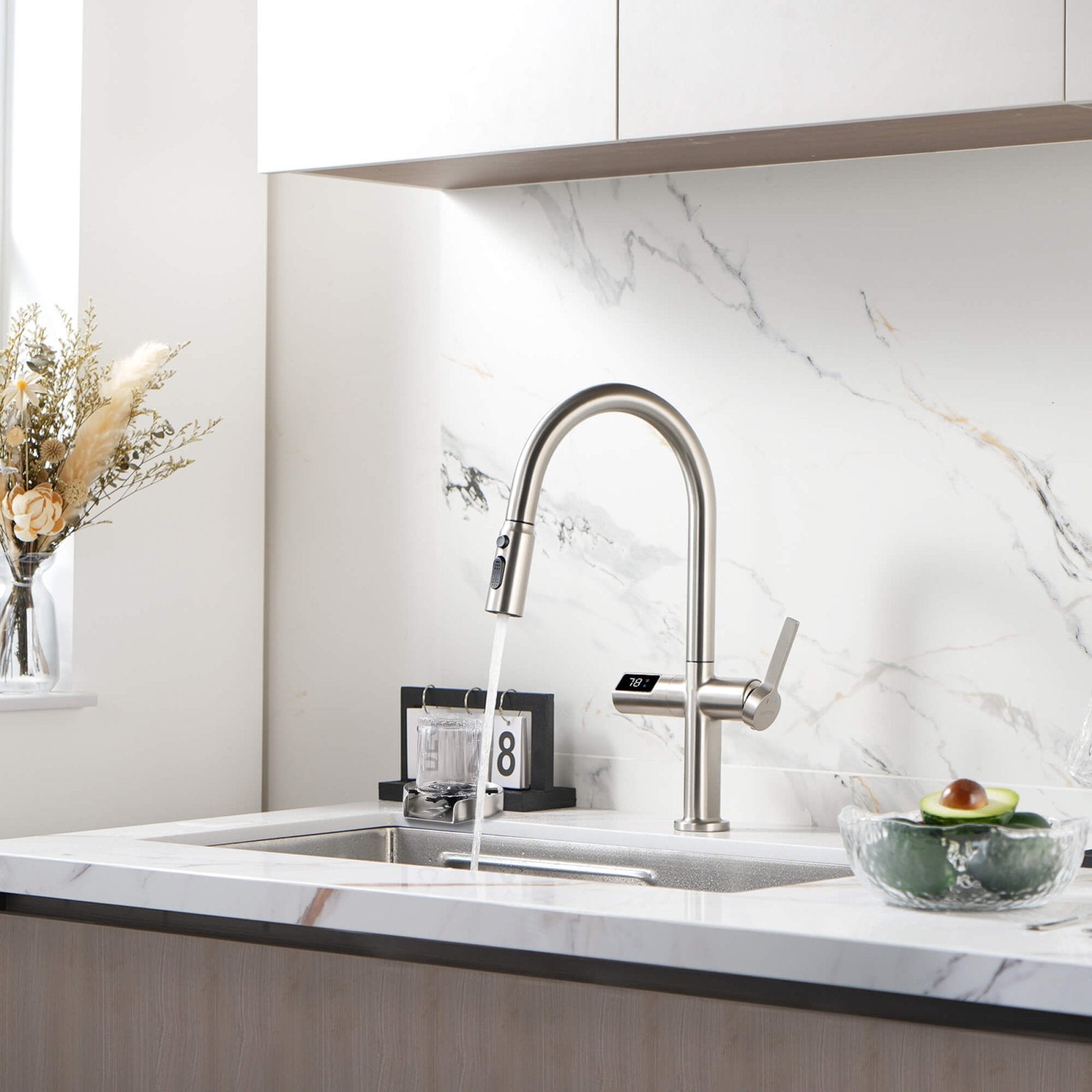 Lefton Touchless Sensor & Pull - Down Kitchen Faucet with Temperature Display - KF2206 with Countertop Glass Rinser - KFR2202 - Kitchen Faucets & Glass Rinser - Lefton Home