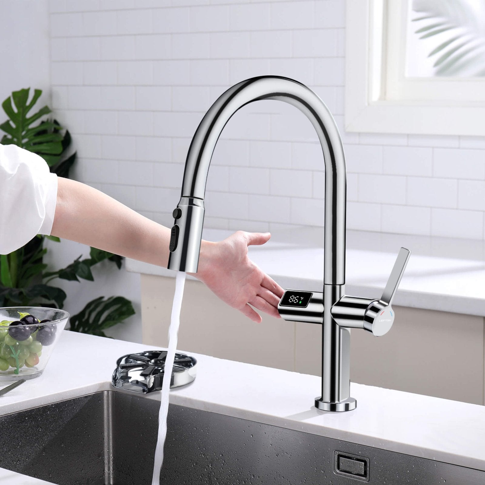 Lefton Touchless Sensor & Pull - Down Kitchen Faucet with Temperature Display - KF2206 with Countertop Glass Rinser - KFR2202 - Kitchen Faucets & Glass Rinser - Lefton Home