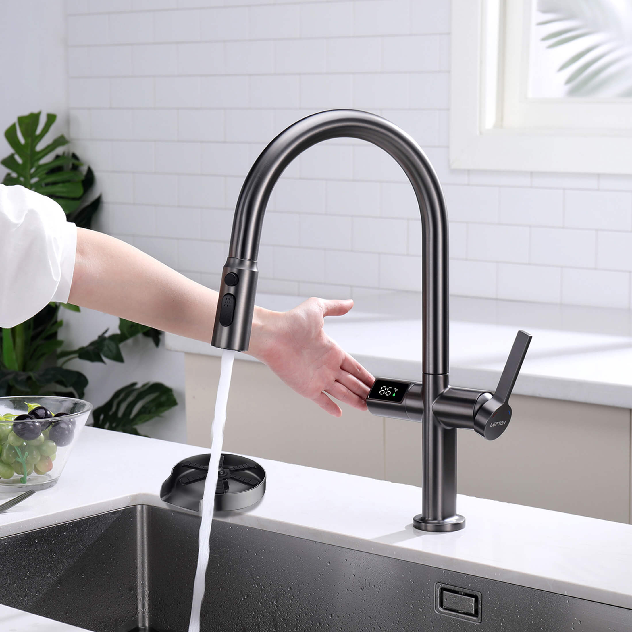Lefton Touchless Sensor & Pull - Down Kitchen Faucet with Temperature Display - KF2206 with Countertop Glass Rinser - KFR2202 - Kitchen Faucets & Glass Rinser - Lefton Home
