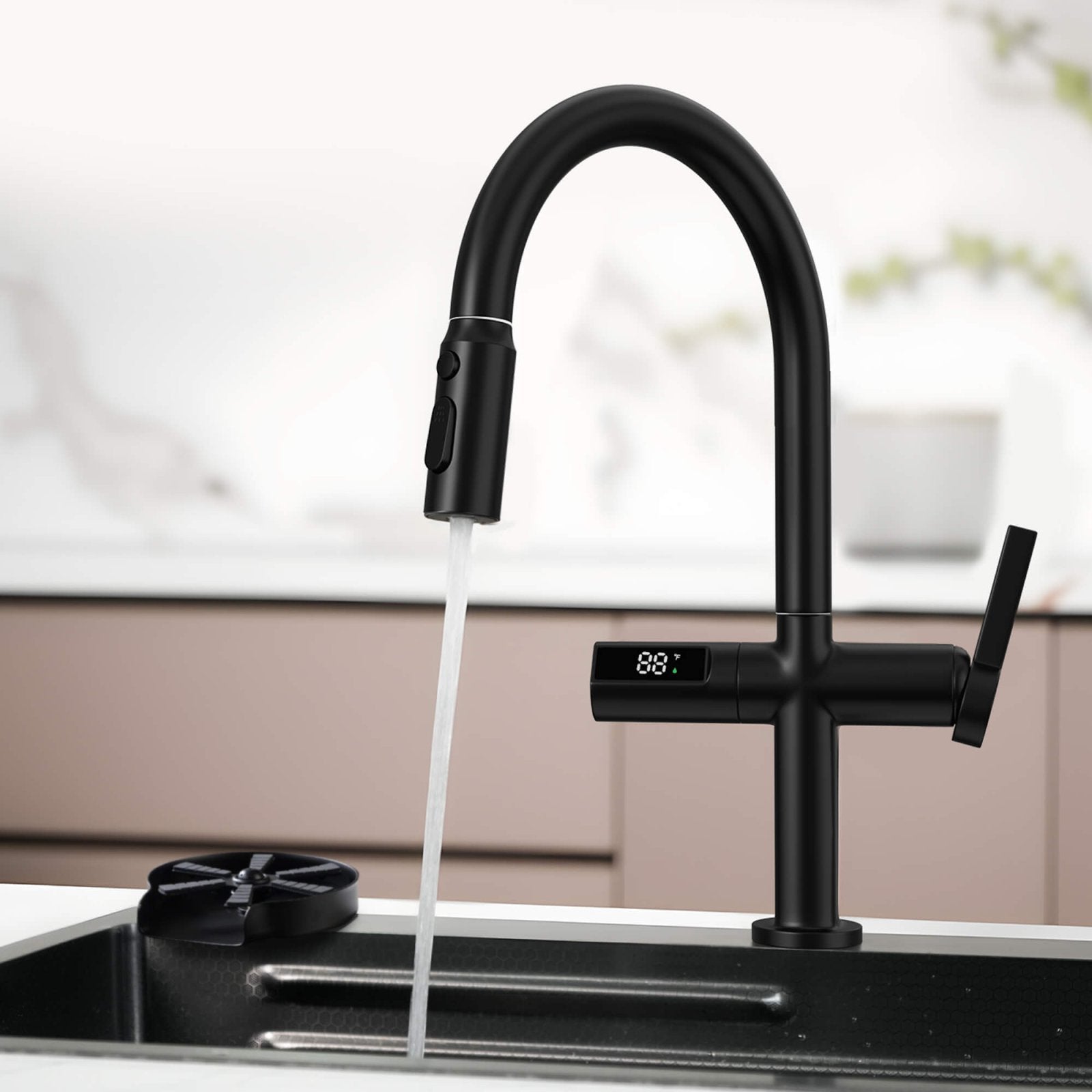 Lefton Touchless Sensor & Pull - Down Kitchen Faucet with Temperature Display - KF2206 with Countertop Glass Rinser - KFR2202 - Kitchen Faucets & Glass Rinser - Lefton Home