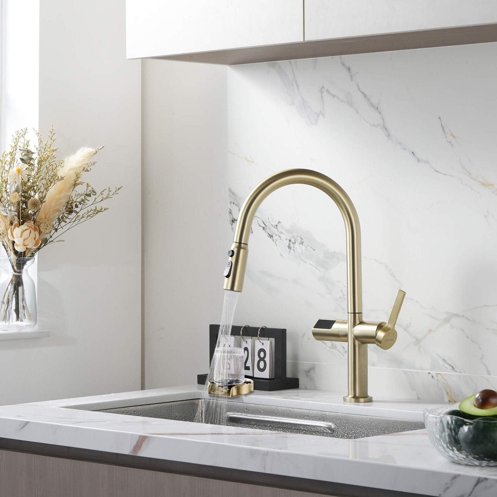 Lefton Touchless Sensor & Pull - Down Kitchen Faucet with Temperature Display - KF2206 with Countertop Glass Rinser - KFR2202 - Kitchen Faucets & Glass Rinser - Lefton Home