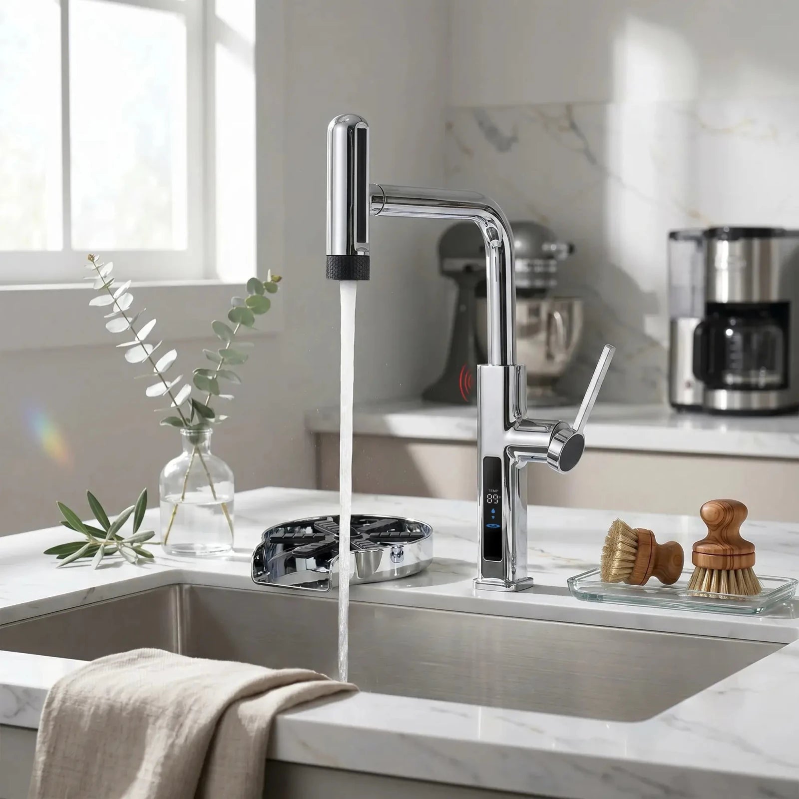 Lefton Touchless Waterfall Kitchen Faucet - KF2209 - PRO with Countertop Glass Rinser - KFR2202 - Kitchen Faucets - Lefton Home