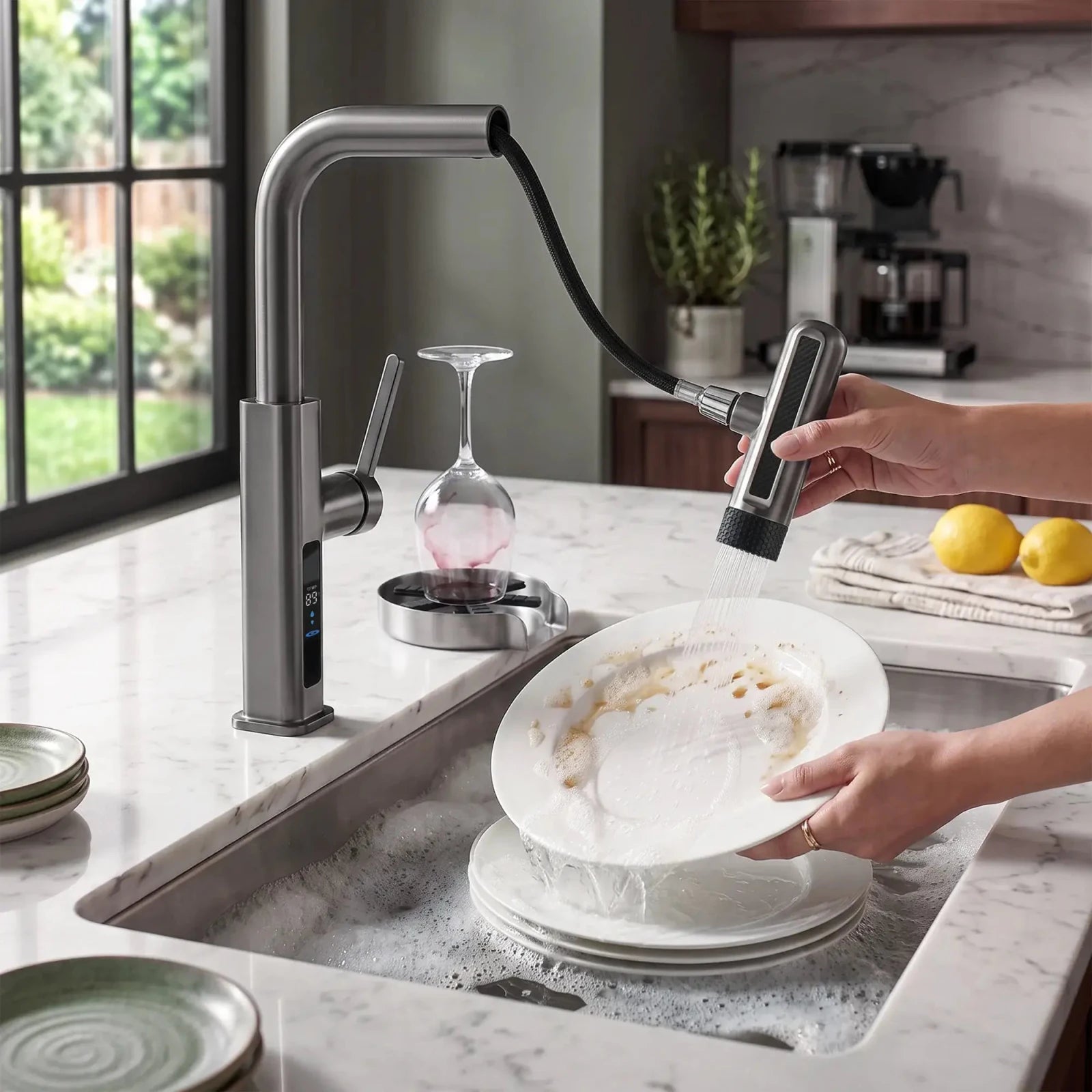 Lefton Touchless Waterfall Kitchen Faucet-KF2209-PRO with Countertop Glass Rinser-KFR2202 -Kitchen Faucets & Glass Rinser- Lefton Home