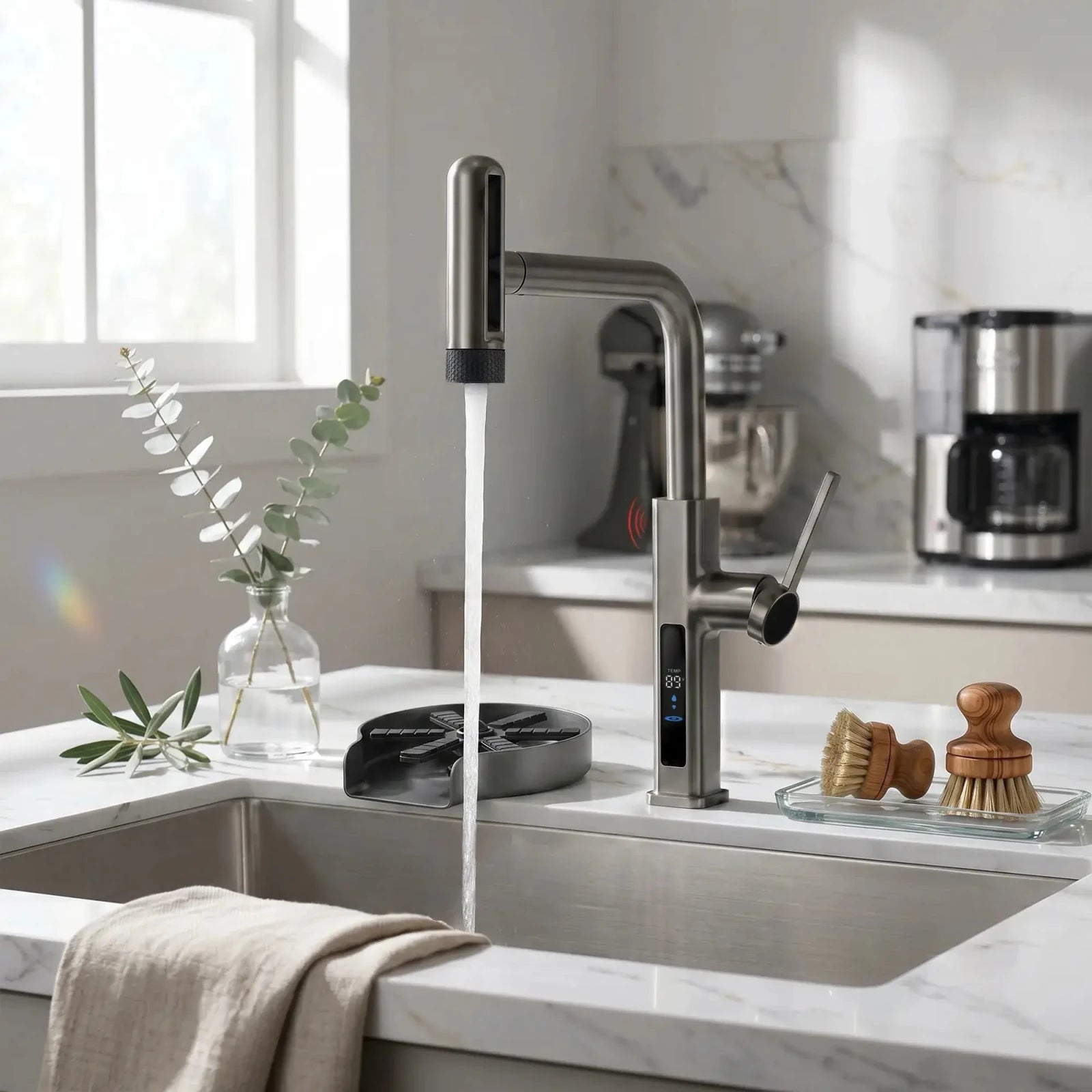 Lefton Touchless Waterfall Kitchen Faucet - KF2209 - PRO with Countertop Glass Rinser - KFR2202 - Kitchen Faucets - Lefton Home