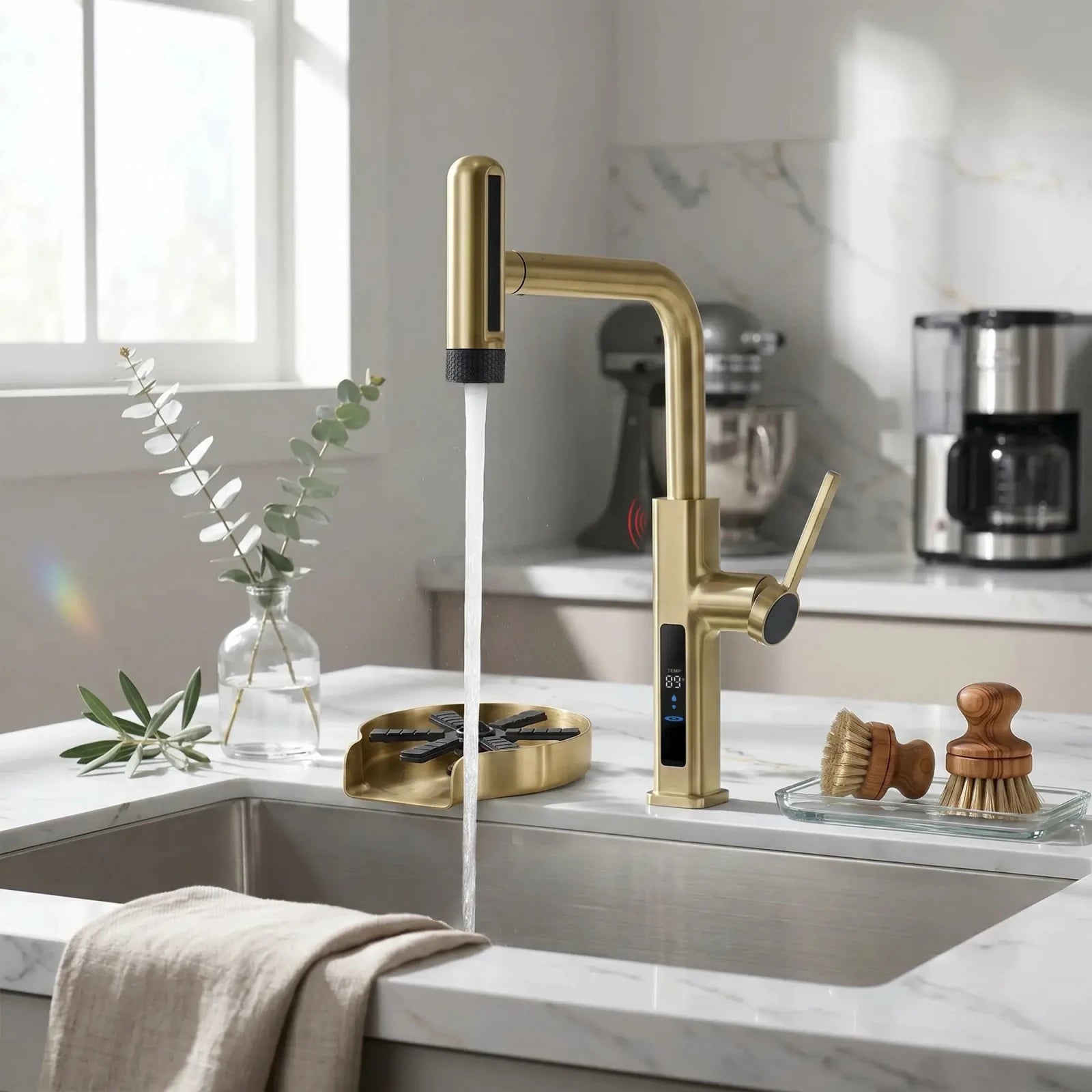 Lefton Touchless Waterfall Kitchen Faucet - KF2209 - PRO with Countertop Glass Rinser - KFR2202 - Kitchen Faucets - Lefton Home