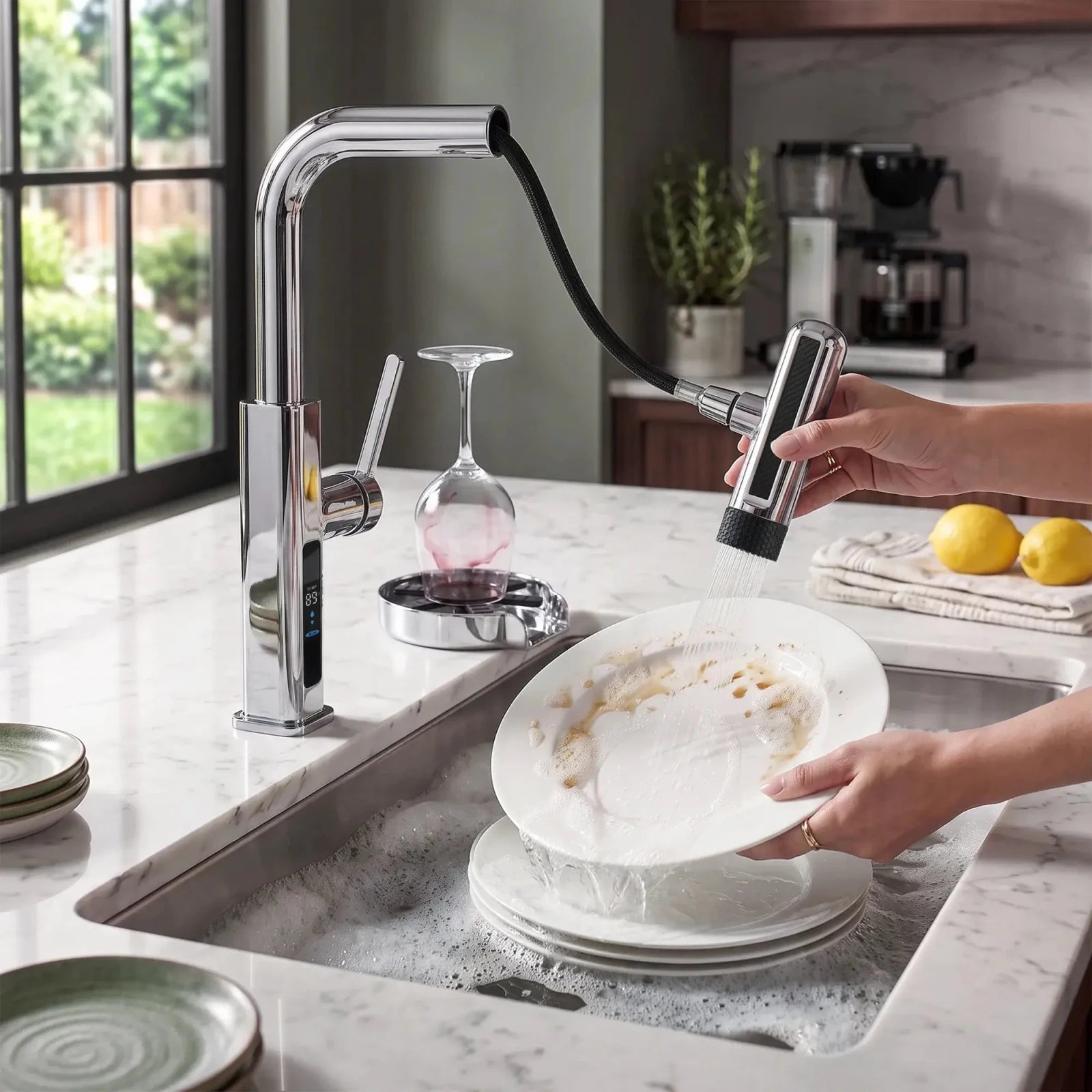 Lefton Touchless Waterfall Kitchen Faucet-KF2209-PRO with Countertop Glass Rinser-KFR2202 -Kitchen Faucets & Glass Rinser- Lefton Home